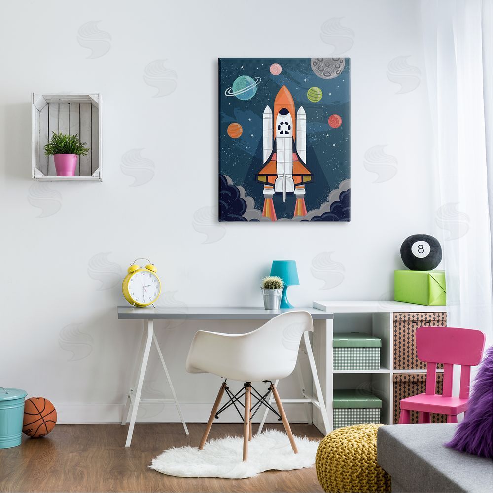 Lisa Perry Whitebutton Rocket Ship Ready for Flight Outer Space Planets  Canvas Wall Art Print in Room