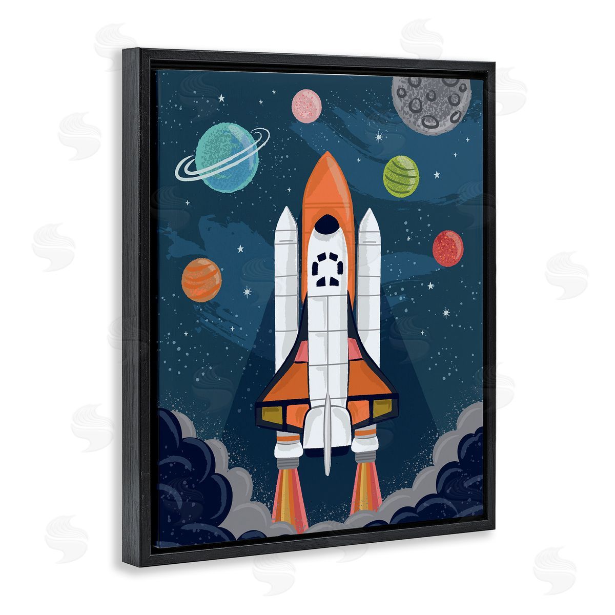Lisa Perry Whitebutton Rocket Ship Ready for Flight Outer Space Planets  Black Floating Frame Canvas Wall Art Print