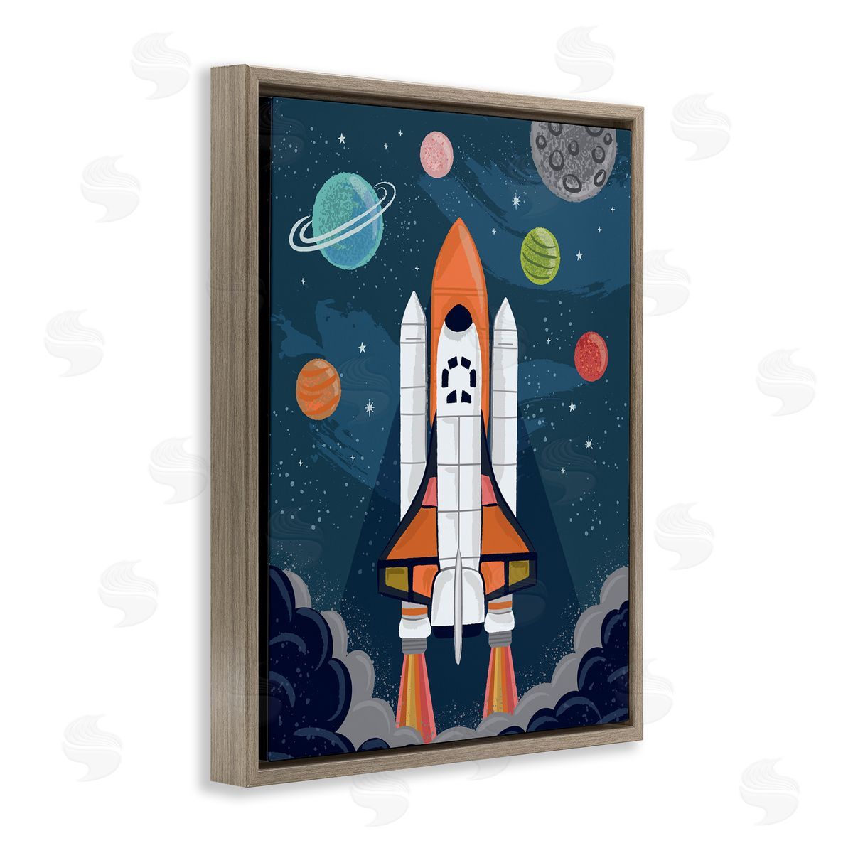 Lisa Perry Whitebutton Rocket Ship Ready for Flight Outer Space Planets  Brown Floating Frame Canvas Wall Art Print