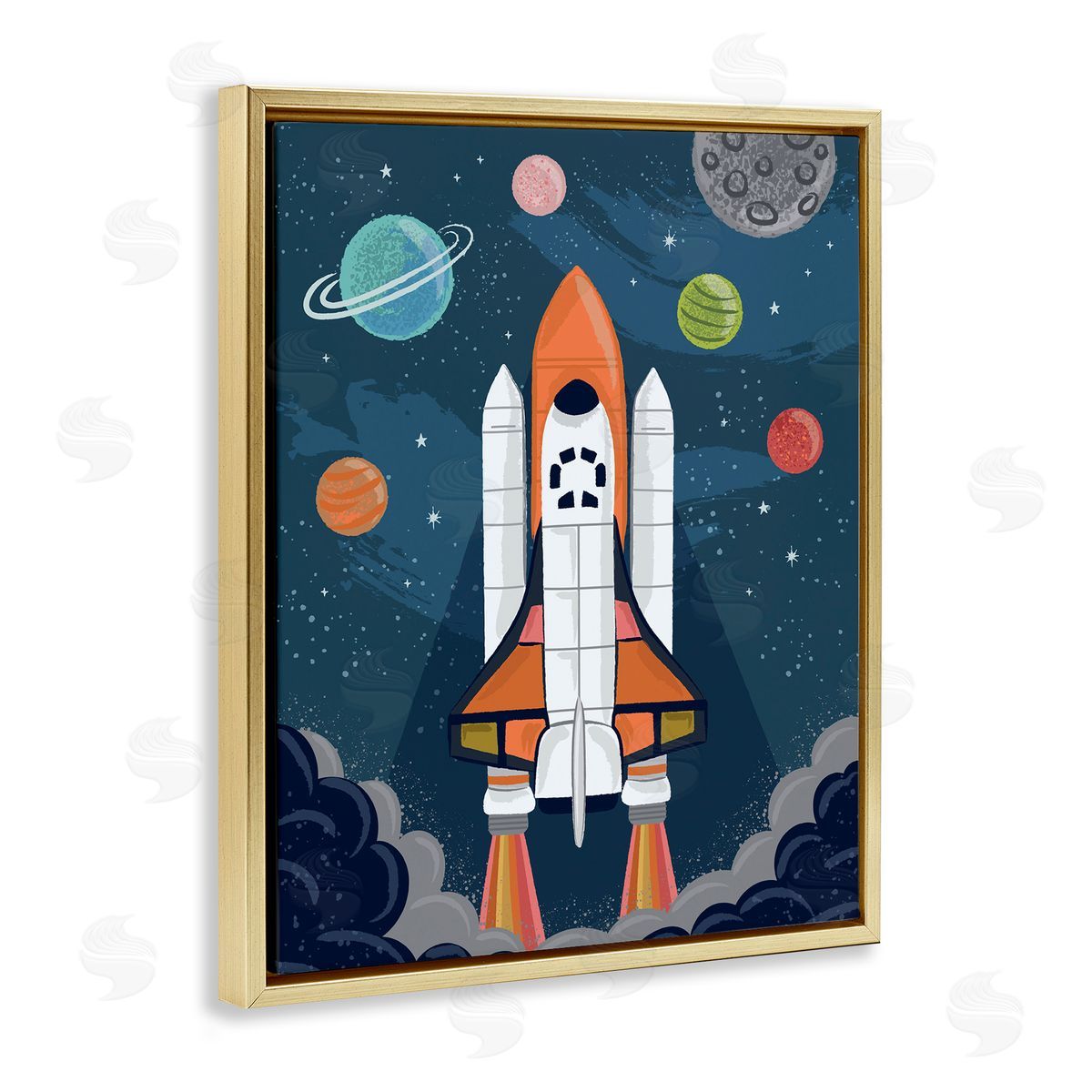 Lisa Perry Whitebutton Rocket Ship Ready for Flight Outer Space Planets  Gold Floating Frame Canvas Wall Art Print