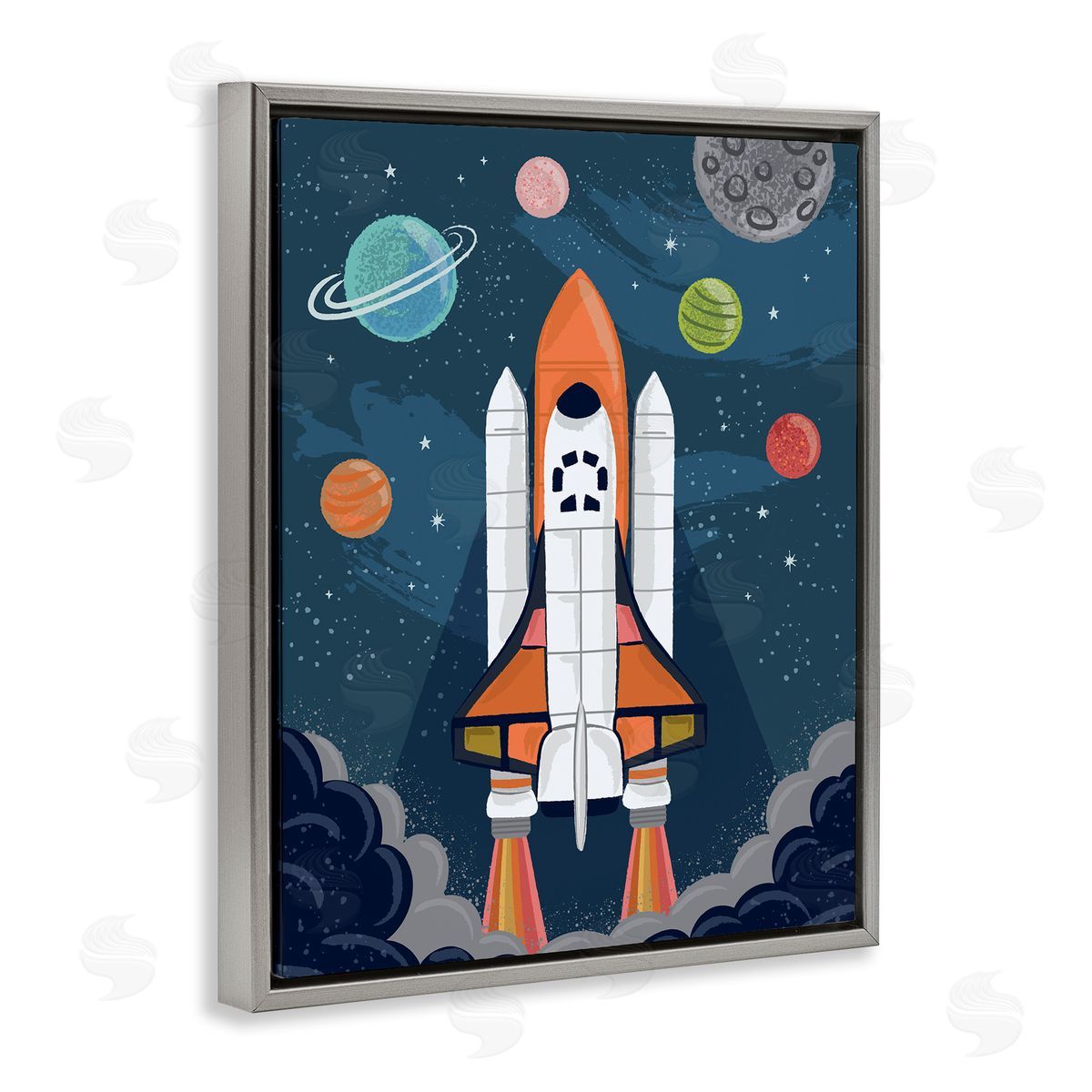 Lisa Perry Whitebutton Rocket Ship Ready for Flight Outer Space Planets  Gray Floating Frame Canvas Wall Art Print