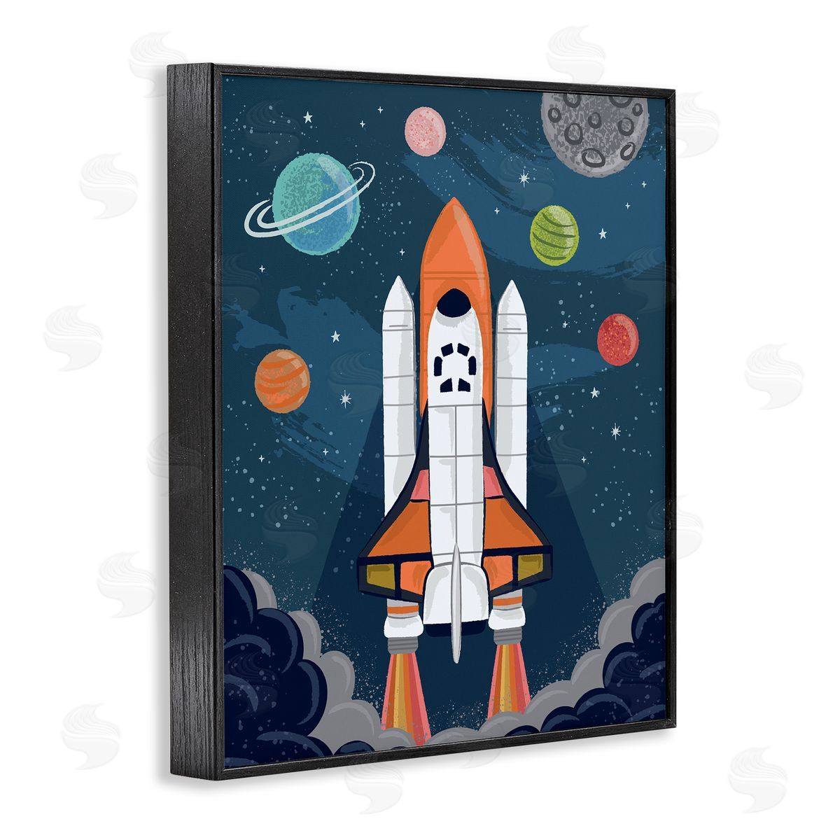 Lisa Perry Whitebutton Rocket Ship Ready for Flight Outer Space Planets  Black Framed Giclee Wall Art Print