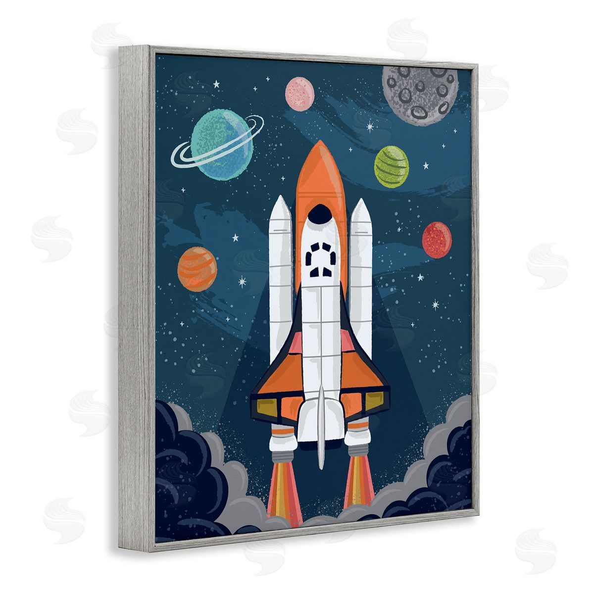 Lisa Perry Whitebutton Rocket Ship Ready for Flight Outer Space Planets  Gray Framed Giclee Wall Art Print