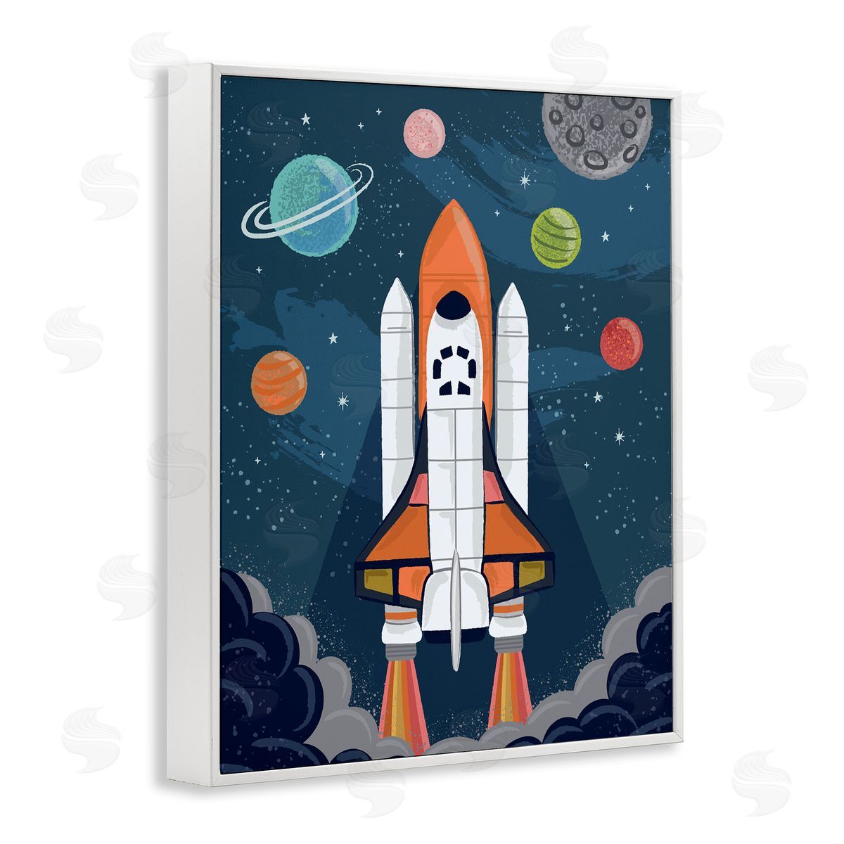 Lisa Perry Whitebutton Rocket Ship Ready for Flight Outer Space Planets  White Framed Giclee Wall Art Print