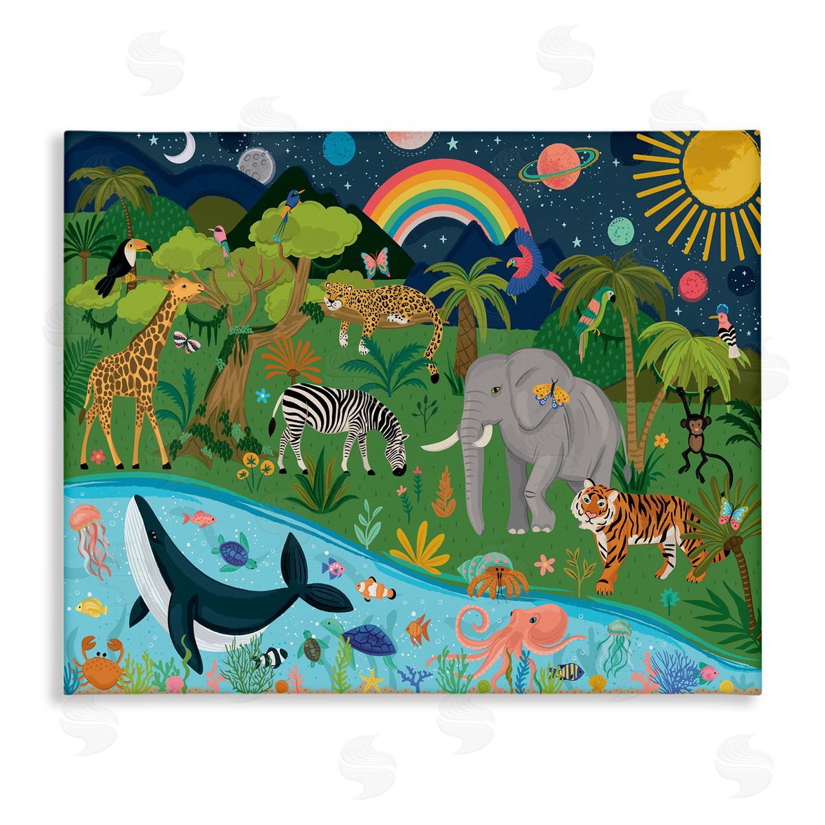 Lisa Perry Whitebutton Jungle Animals Sea Creatures Under Night Sky Planets  Stretched Canvas Wall Art Print