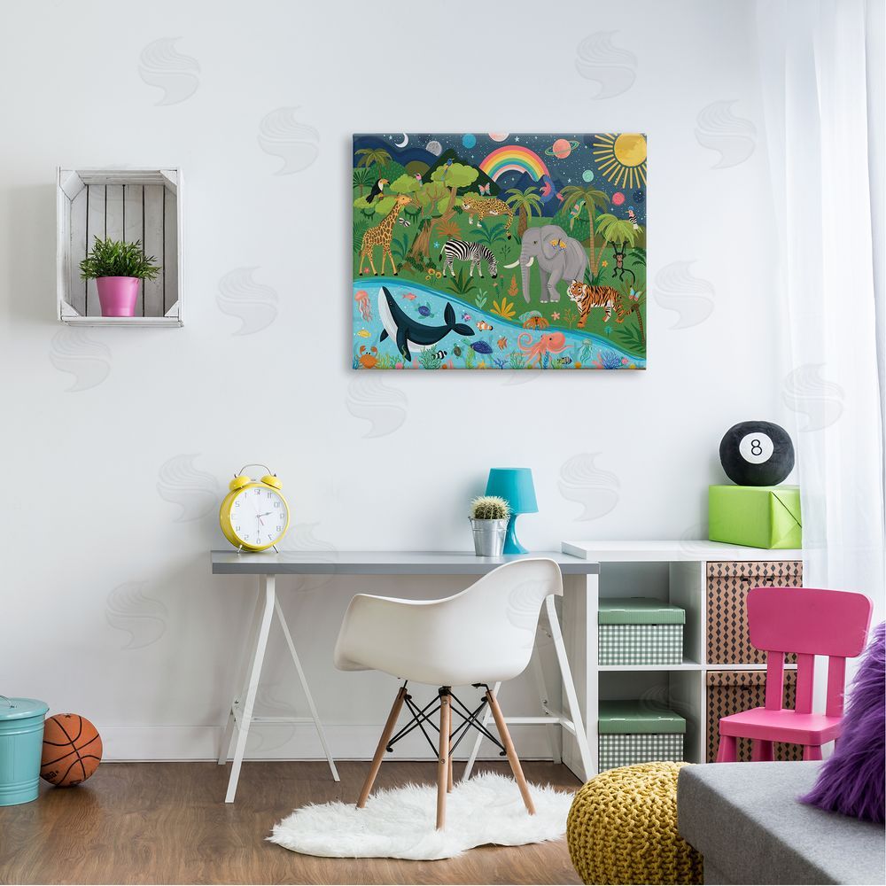 Lisa Perry Whitebutton Jungle Animals Sea Creatures Under Night Sky Planets  Canvas Wall Art Print in Room