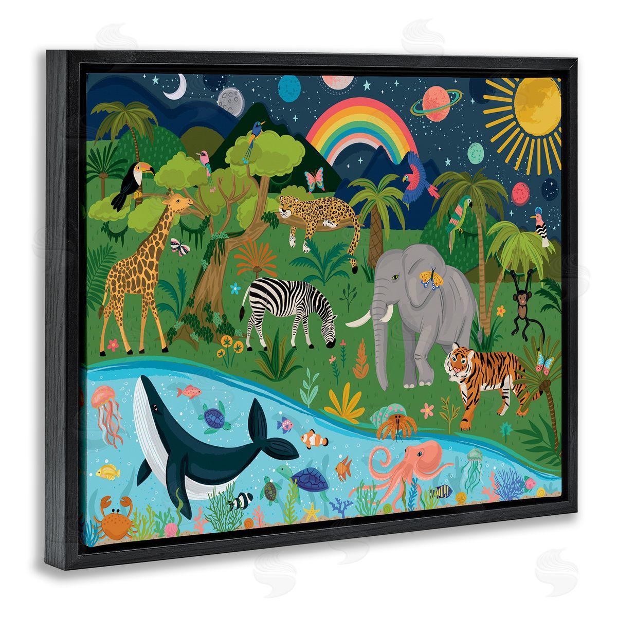 Lisa Perry Whitebutton Jungle Animals Sea Creatures Under Night Sky Planets  Black Floating Frame Canvas Wall Art Print