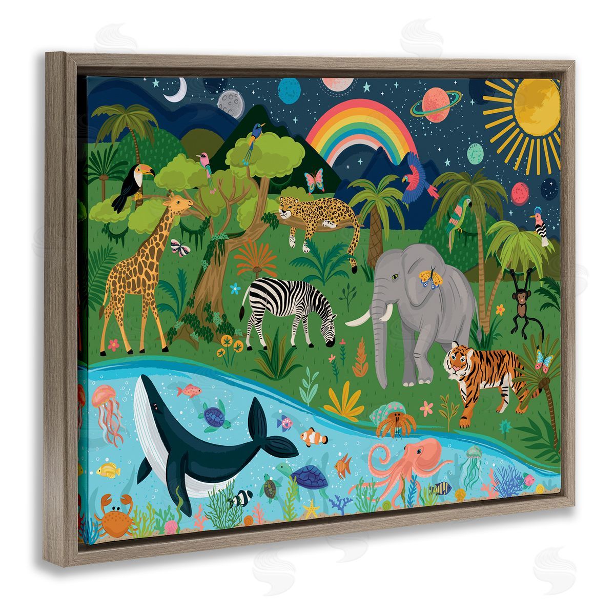 Lisa Perry Whitebutton Jungle Animals Sea Creatures Under Night Sky Planets  Brown Floating Frame Canvas Wall Art Print
