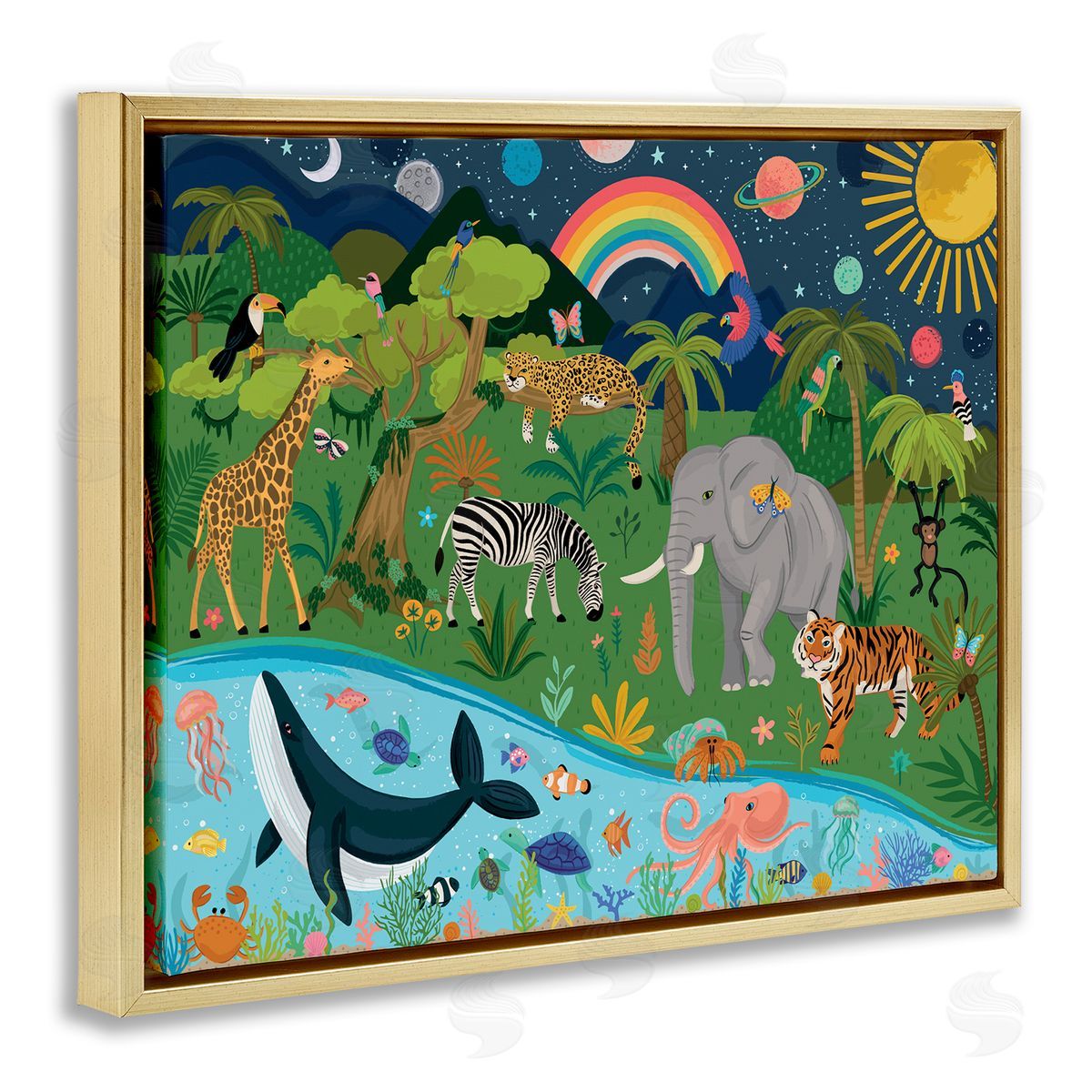 Lisa Perry Whitebutton Jungle Animals Sea Creatures Under Night Sky Planets  Gold Floating Frame Canvas Wall Art Print