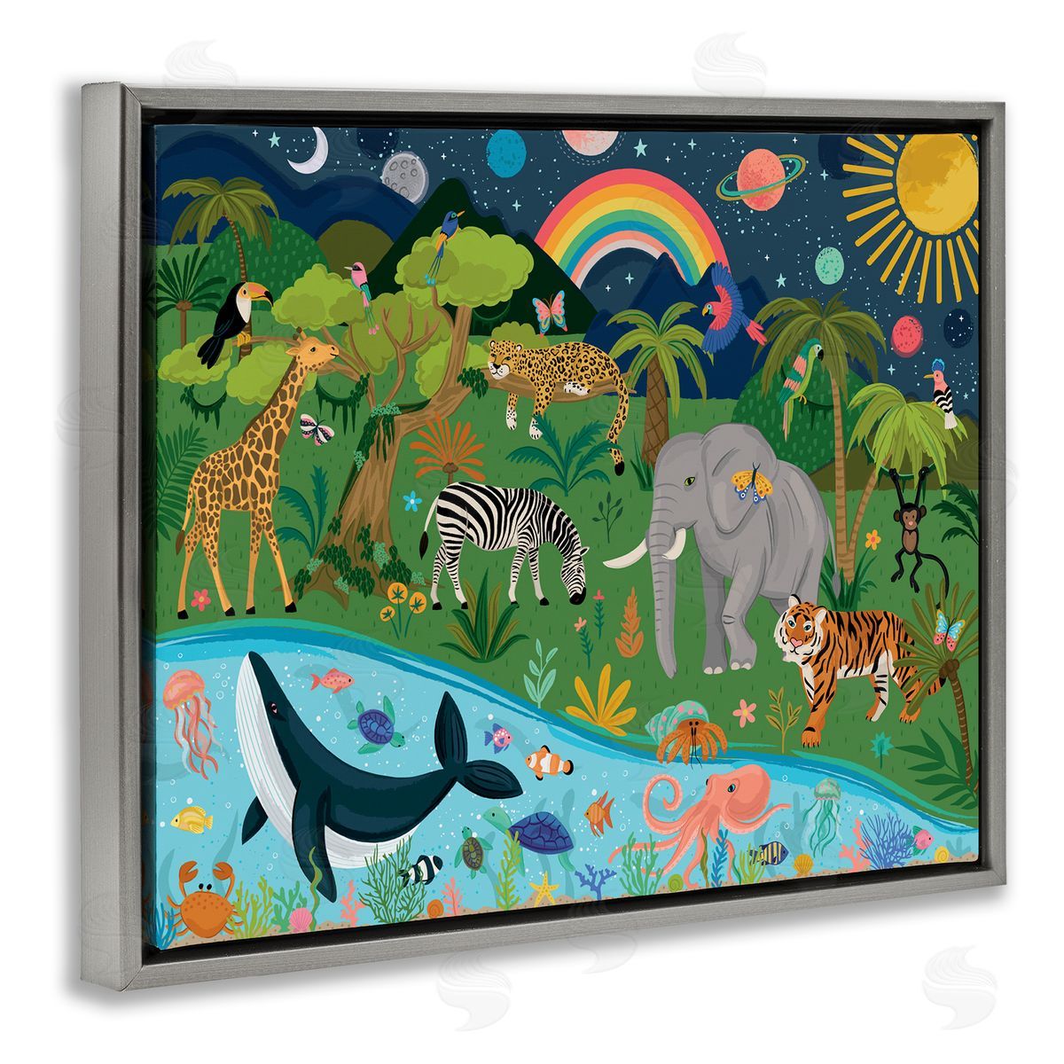 Lisa Perry Whitebutton Jungle Animals Sea Creatures Under Night Sky Planets  Gray Floating Frame Canvas Wall Art Print