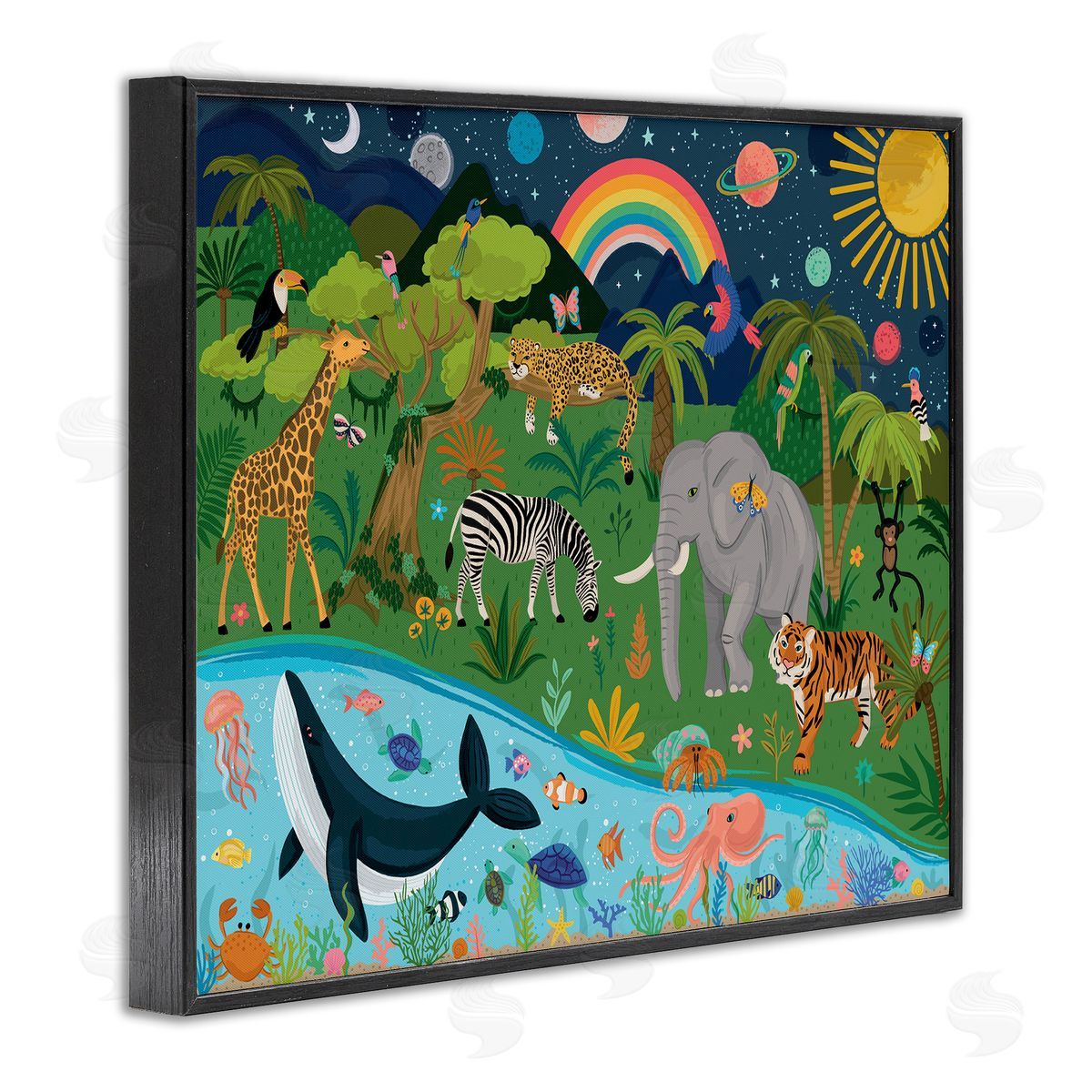 Lisa Perry Whitebutton Jungle Animals Sea Creatures Under Night Sky Planets  Black Framed Giclee Wall Art Print