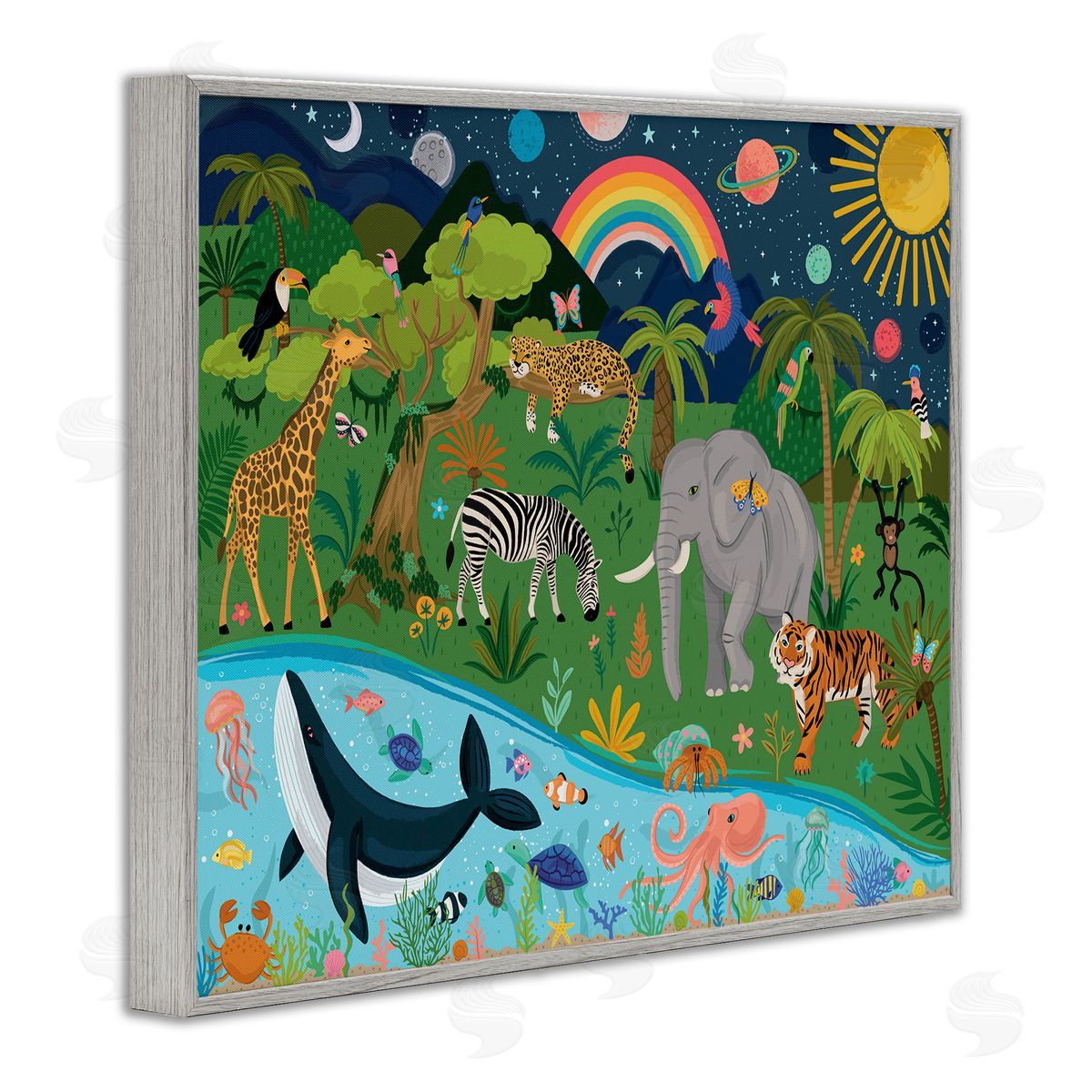 Lisa Perry Whitebutton Jungle Animals Sea Creatures Under Night Sky Planets  Gray Framed Giclee Wall Art Print