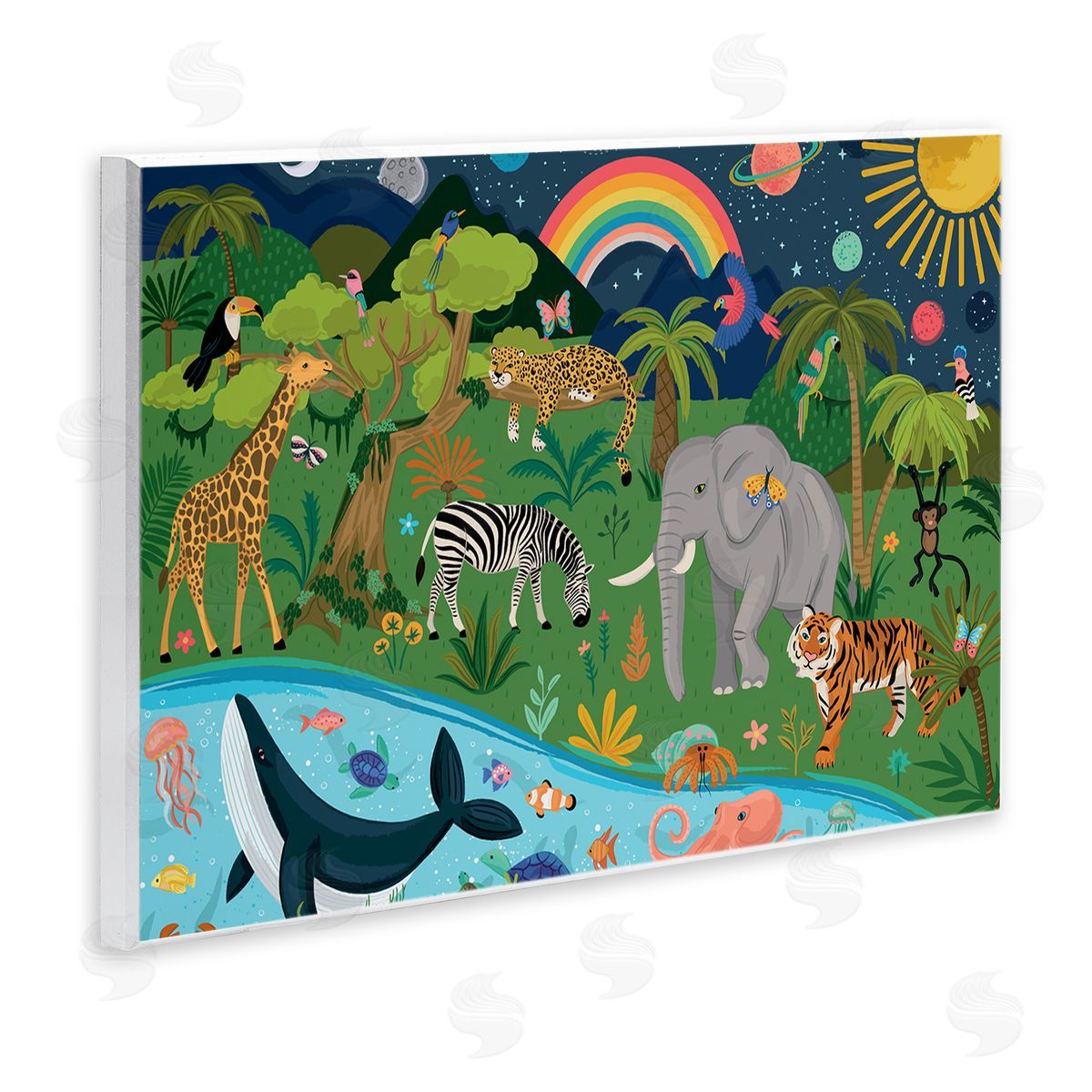 Lisa Perry Whitebutton Jungle Animals Sea Creatures Under Night Sky Planets  Wall Plaque Art Print