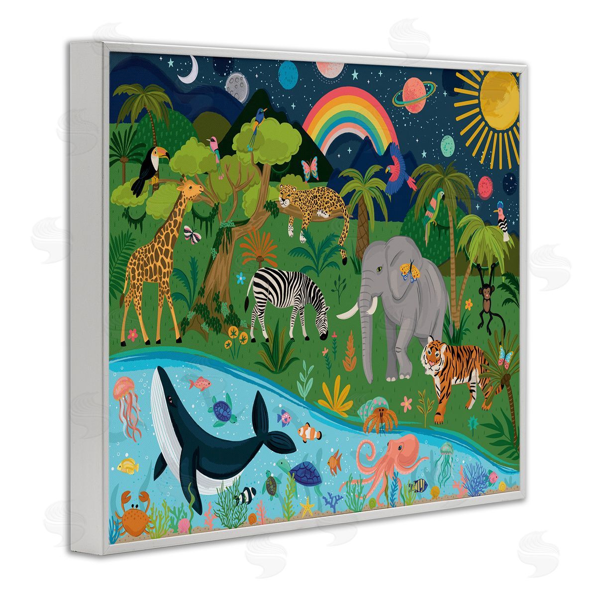 Lisa Perry Whitebutton Jungle Animals Sea Creatures Under Night Sky Planets  White Framed Giclee Wall Art Print