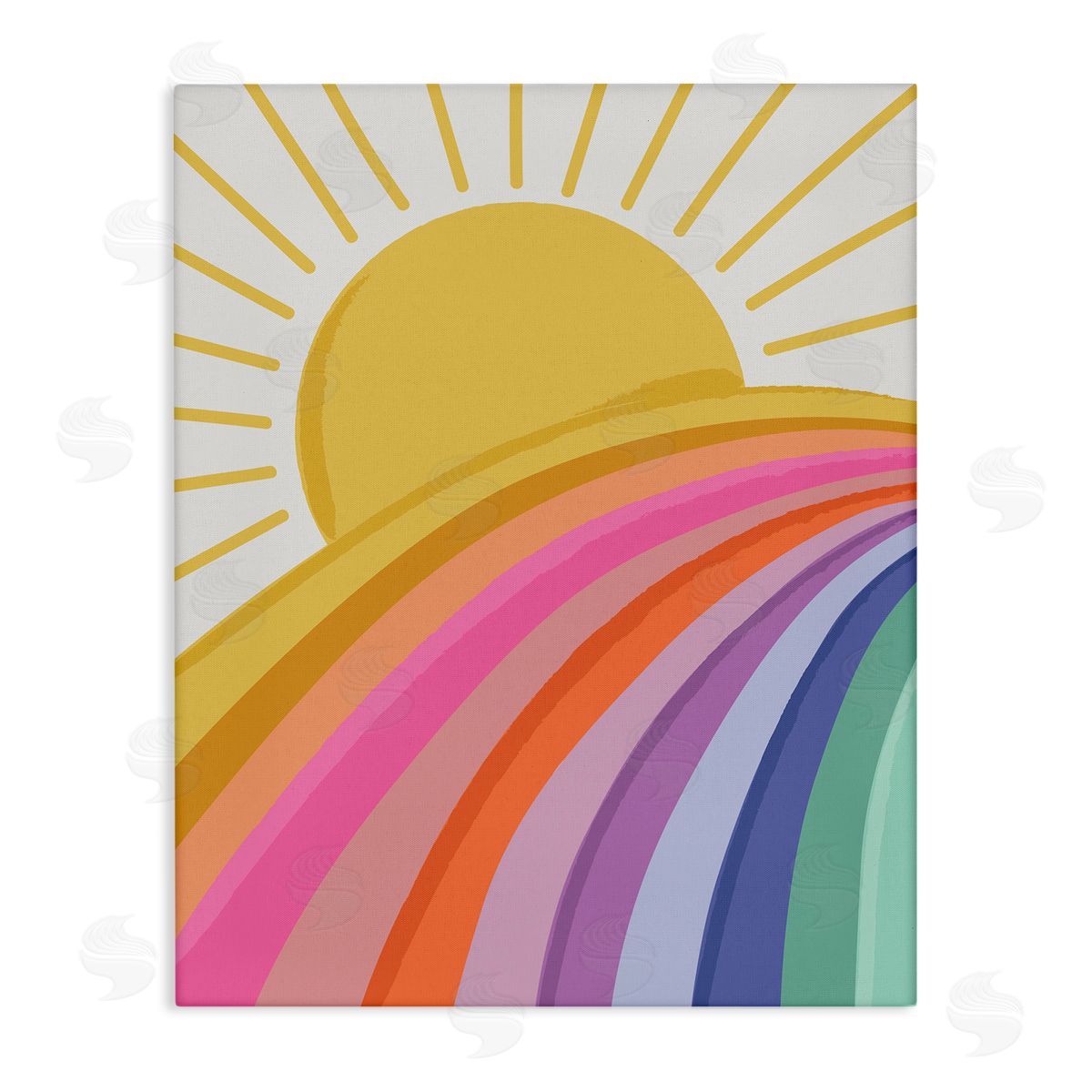 Lisa Perry Whitebutton Rainbow Stripes Pattern Yellow Sunshine Rays Illustration Stretched Canvas Wall Art Print