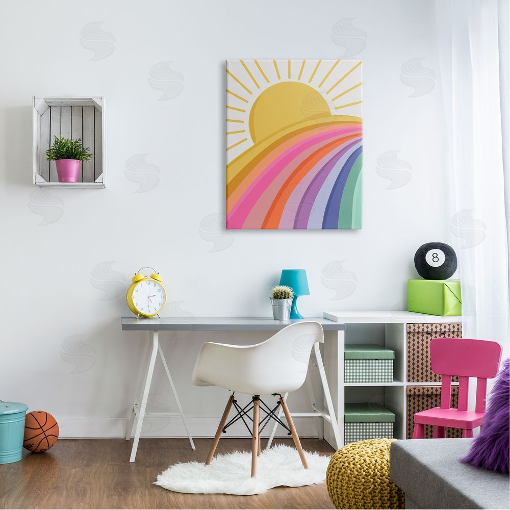 Lisa Perry Whitebutton Rainbow Stripes Pattern Yellow Sunshine Rays Illustration Canvas Wall Art Print in Room