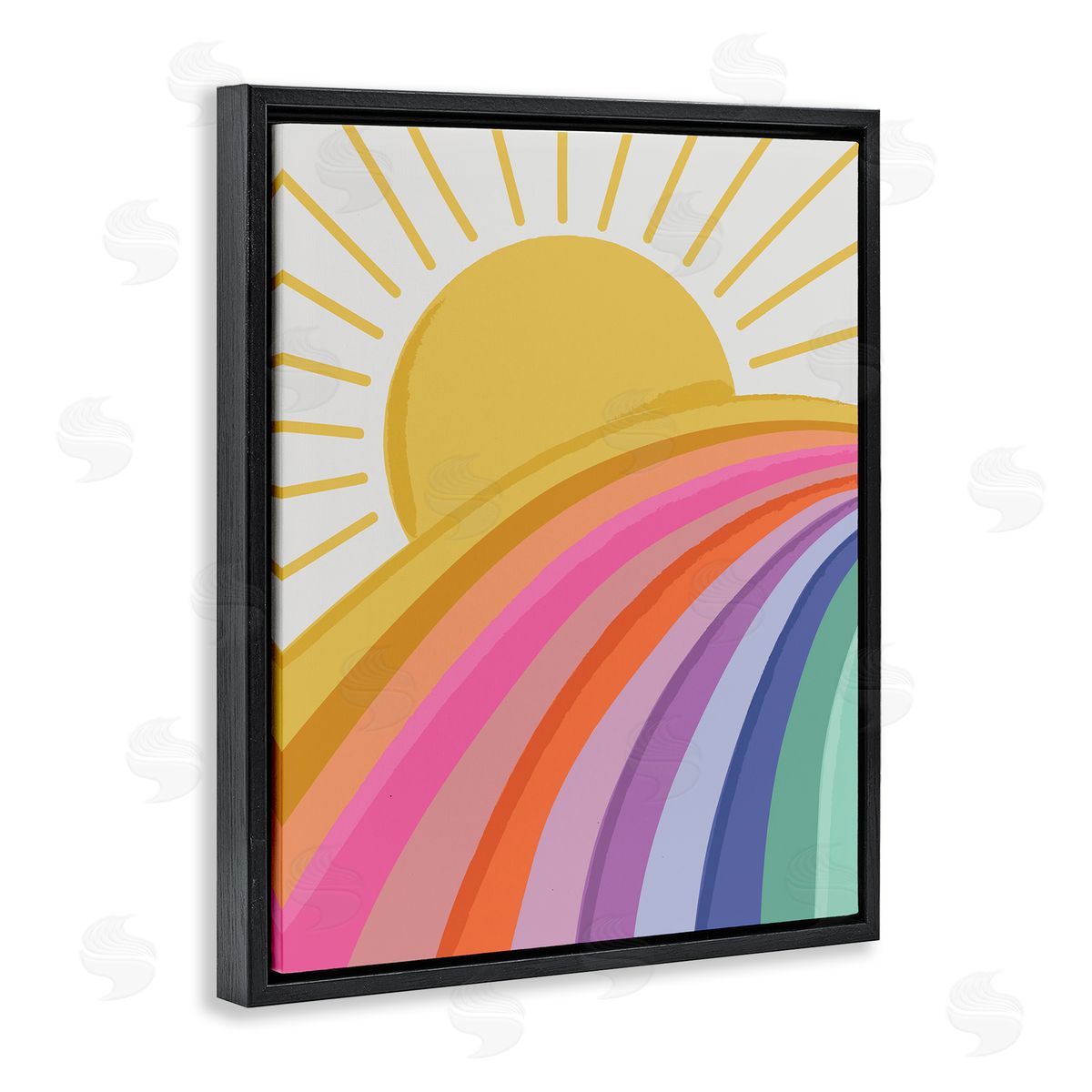 Lisa Perry Whitebutton Rainbow Stripes Pattern Yellow Sunshine Rays Illustration Black Floating Frame Canvas Wall Art Print