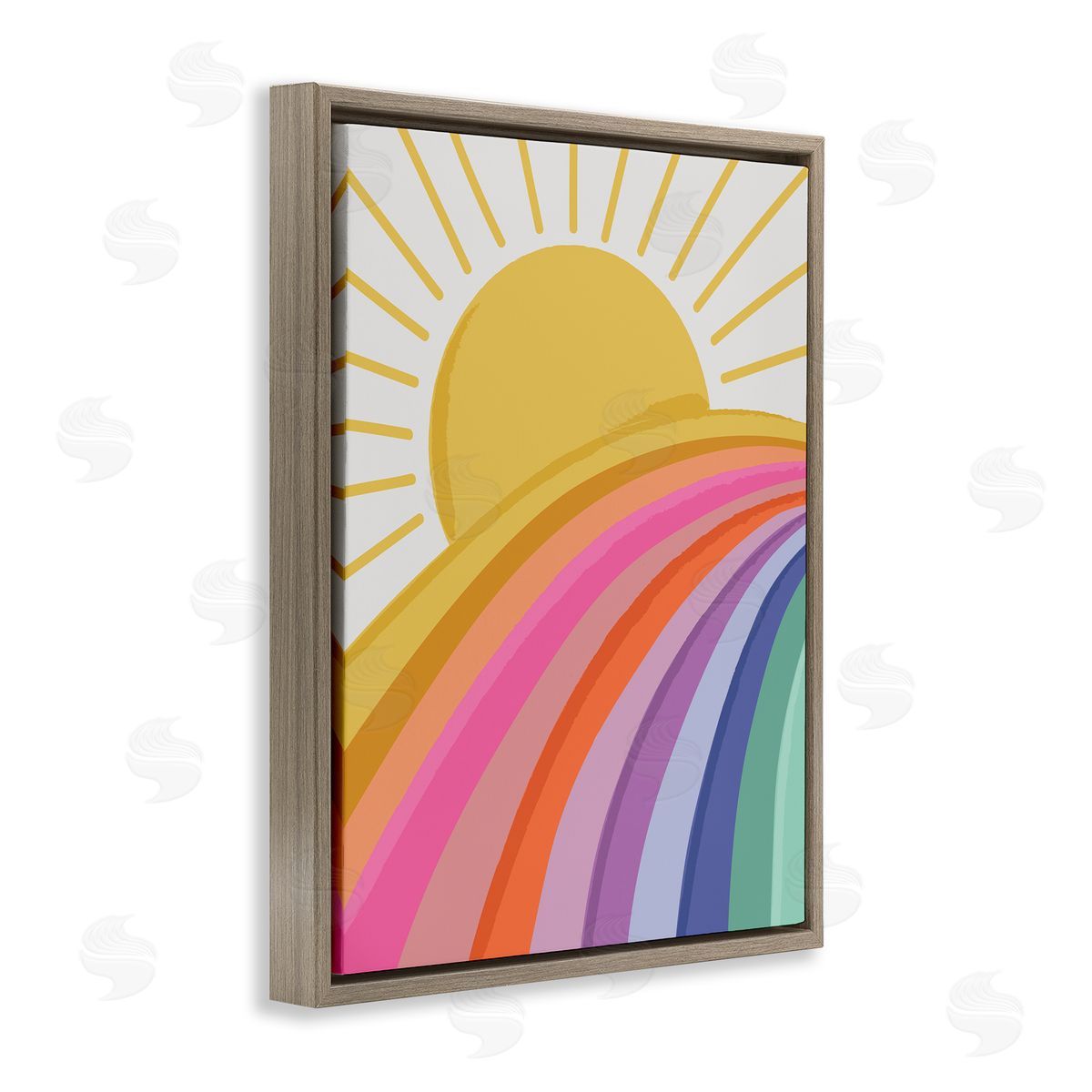 Lisa Perry Whitebutton Rainbow Stripes Pattern Yellow Sunshine Rays Illustration Brown Floating Frame Canvas Wall Art Print