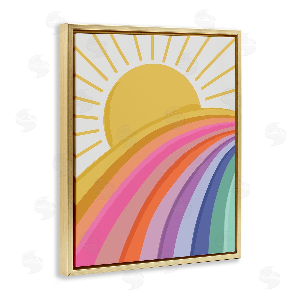 Lisa Perry Whitebutton Rainbow Stripes Pattern Yellow Sunshine Rays Illustration Gold Floating Frame Canvas Wall Art Print