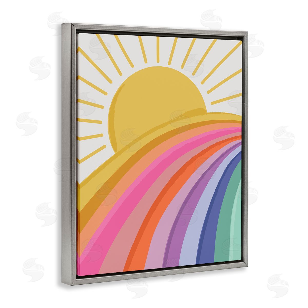 Lisa Perry Whitebutton Rainbow Stripes Pattern Yellow Sunshine Rays Illustration Gray Floating Frame Canvas Wall Art Print