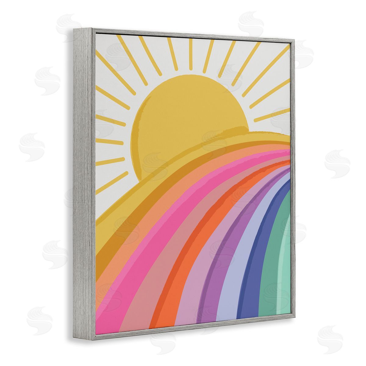 Lisa Perry Whitebutton Rainbow Stripes Pattern Yellow Sunshine Rays Illustration Gray Framed Giclee Wall Art Print