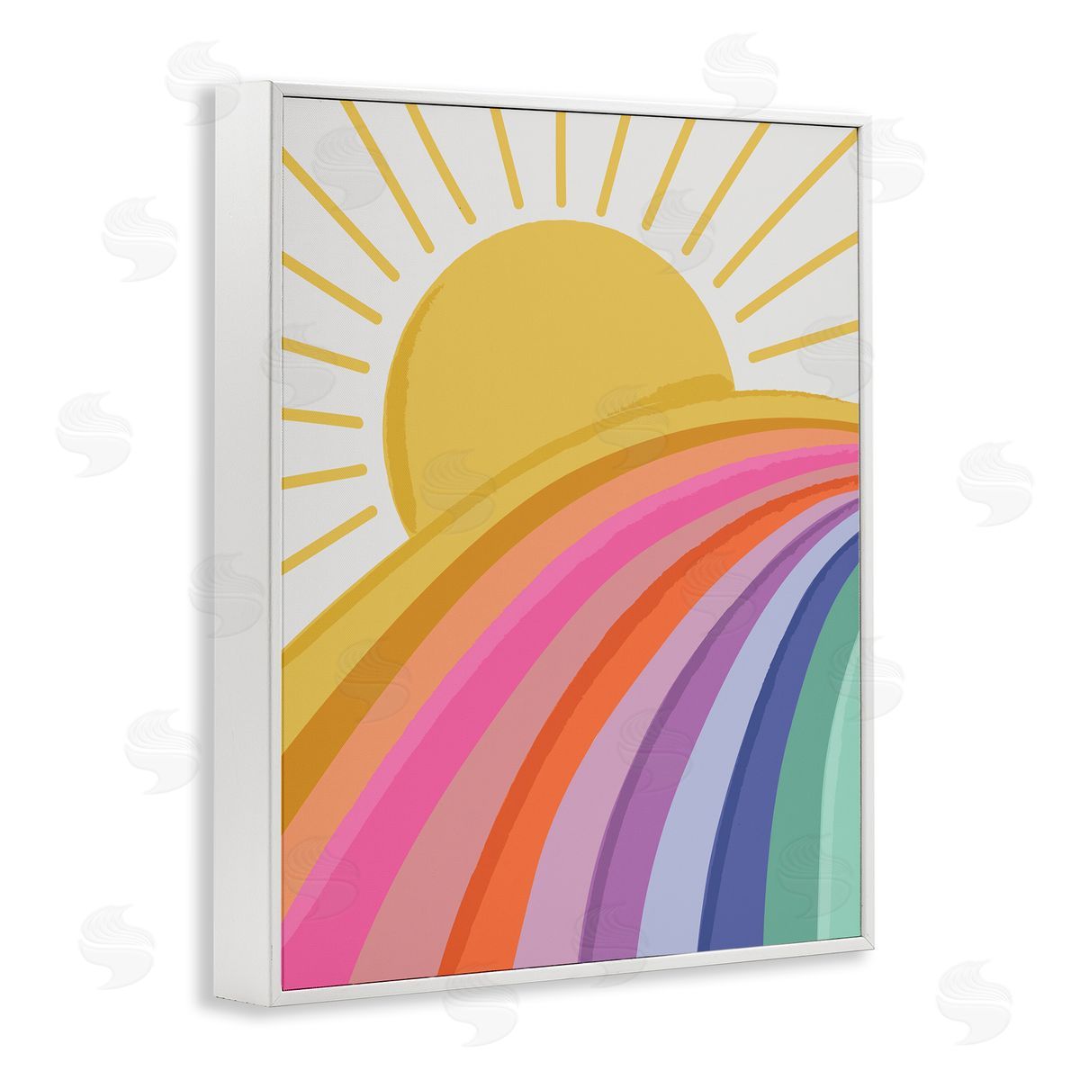 Lisa Perry Whitebutton Rainbow Stripes Pattern Yellow Sunshine Rays Illustration White Framed Giclee Wall Art Print