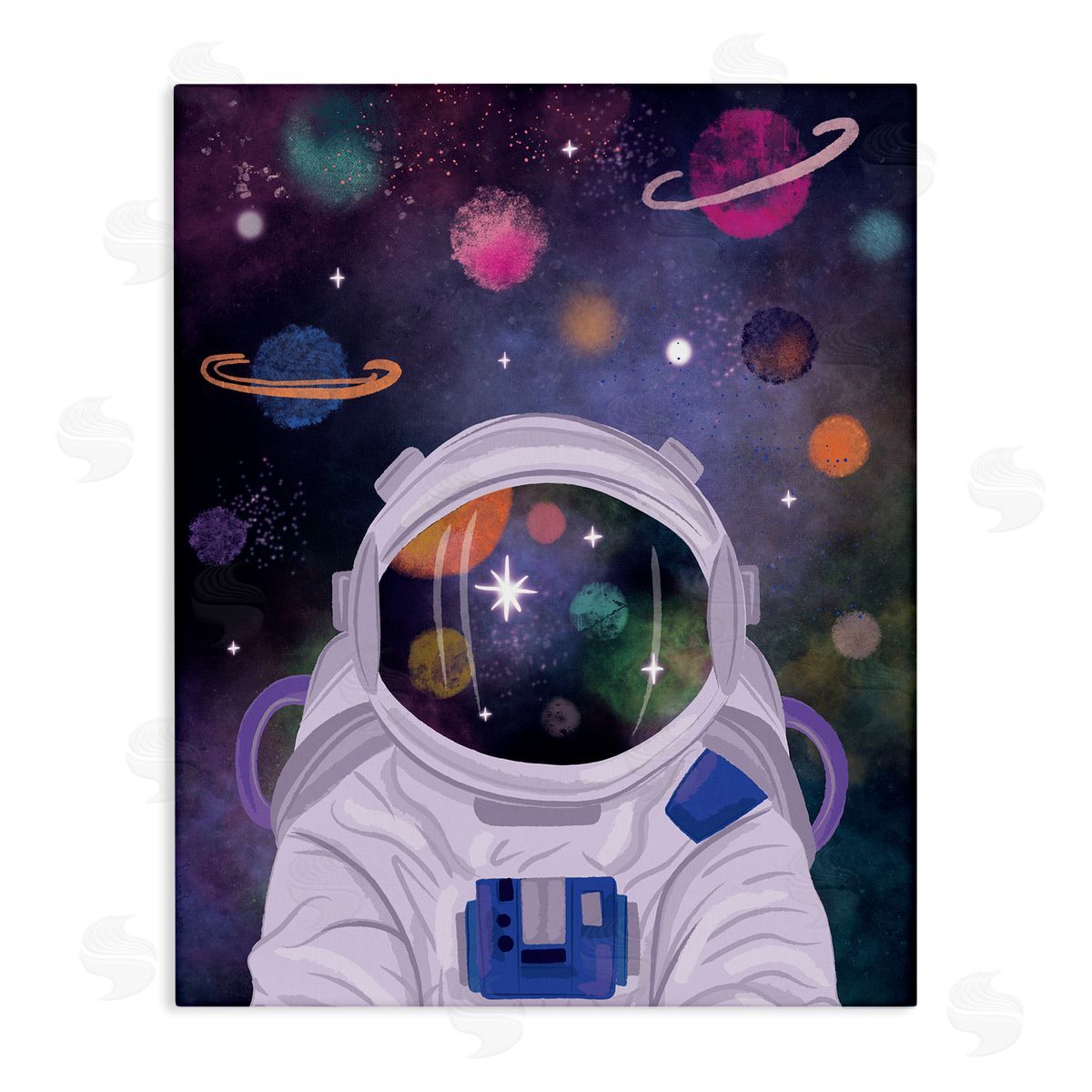 Lisa Perry Whitebutton Cosmic Universe Reflection Astronaut Helmet Galaxy Stars Stretched Canvas Wall Art Print