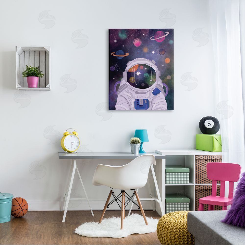 Lisa Perry Whitebutton Cosmic Universe Reflection Astronaut Helmet Galaxy Stars Canvas Wall Art Print in Room