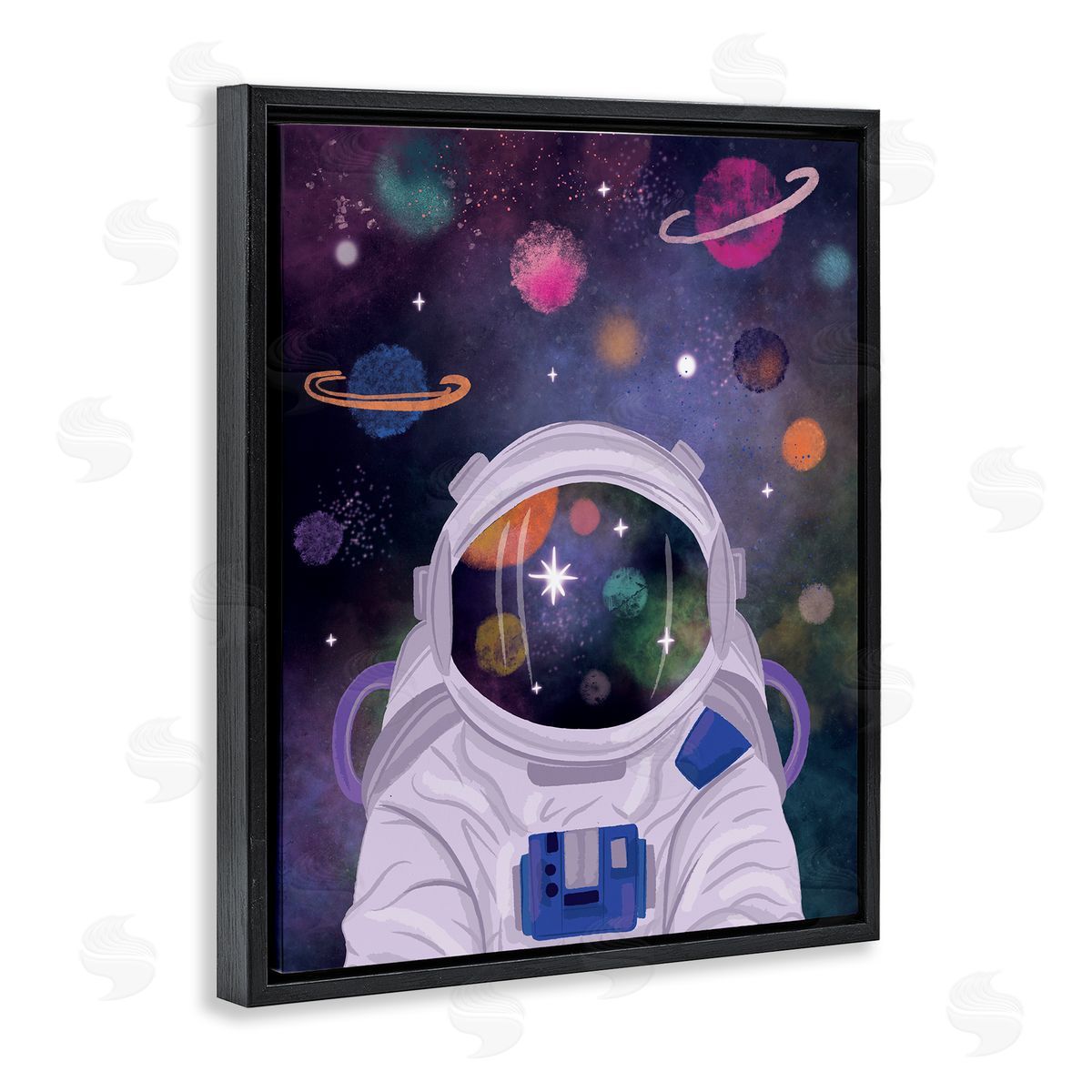 Lisa Perry Whitebutton Cosmic Universe Reflection Astronaut Helmet Galaxy Stars Black Floating Frame Canvas Wall Art Print