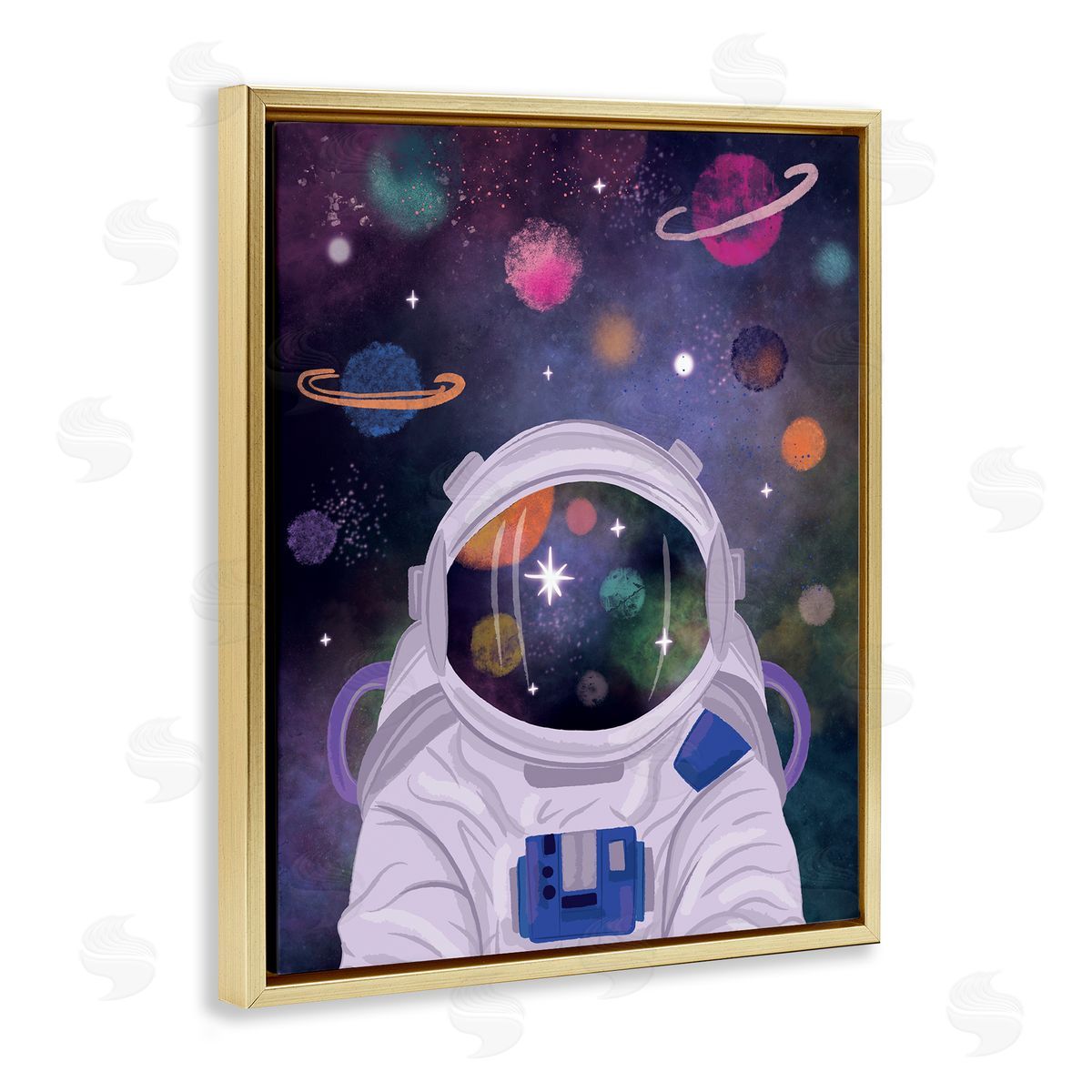Lisa Perry Whitebutton Cosmic Universe Reflection Astronaut Helmet Galaxy Stars Gold Floating Frame Canvas Wall Art Print