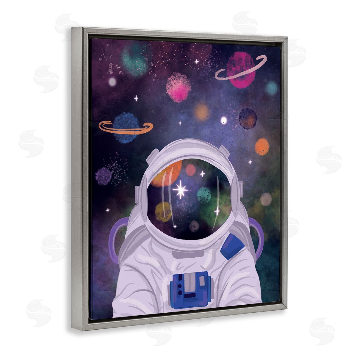 Lisa Perry Whitebutton Cosmic Universe Reflection Astronaut Helmet Galaxy Stars Gray Floating Frame Canvas Wall Art Print