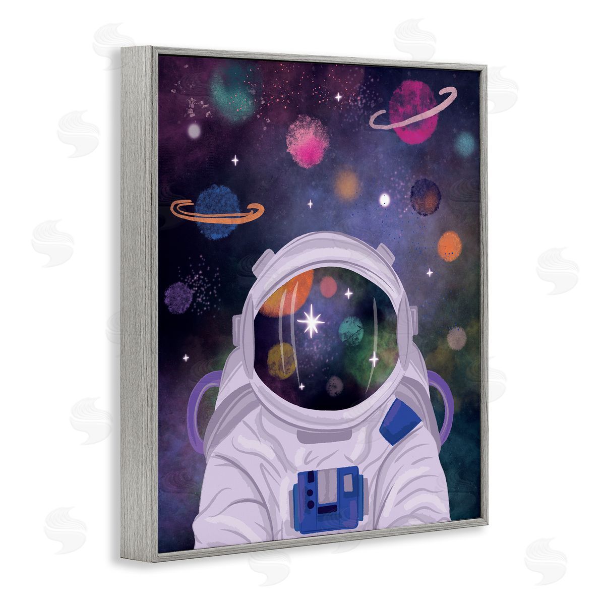 Lisa Perry Whitebutton Cosmic Universe Reflection Astronaut Helmet Galaxy Stars Gray Framed Giclee Wall Art Print