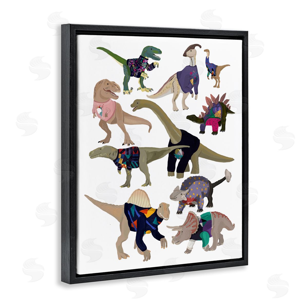 Hanna Melin Quirky Sweater Trend Dinosaurs Vintage Fashion  Black Floating Frame Canvas Wall Art Print