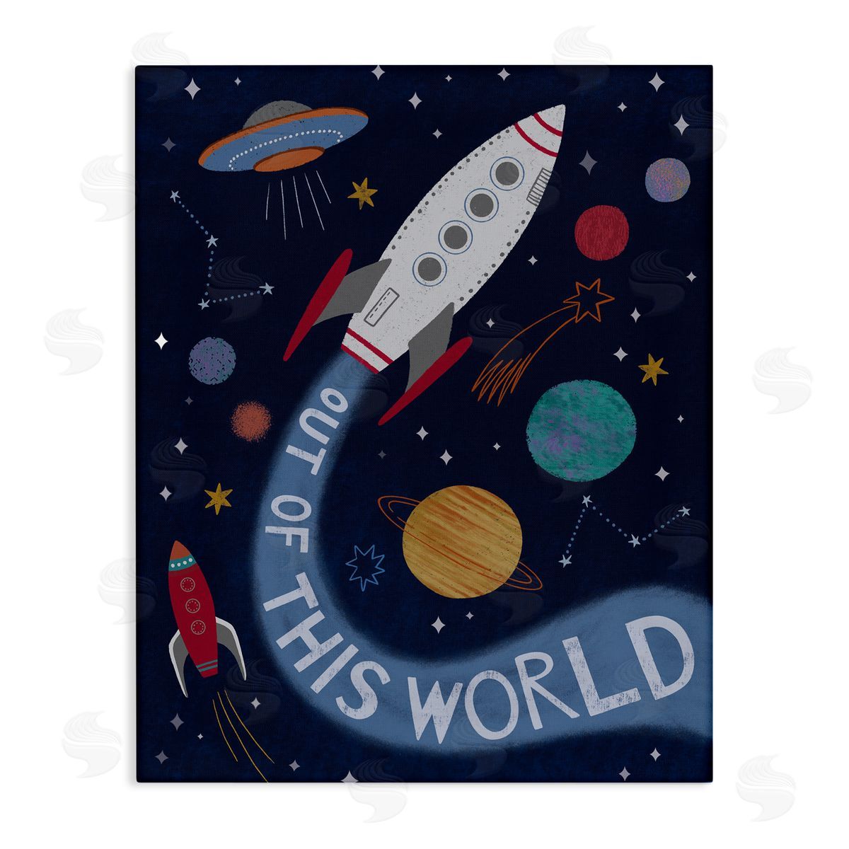 Nina Seven Out Of This World Text Flying Rocket Ship Galaxy  Stretched Canvas Wall Art Print