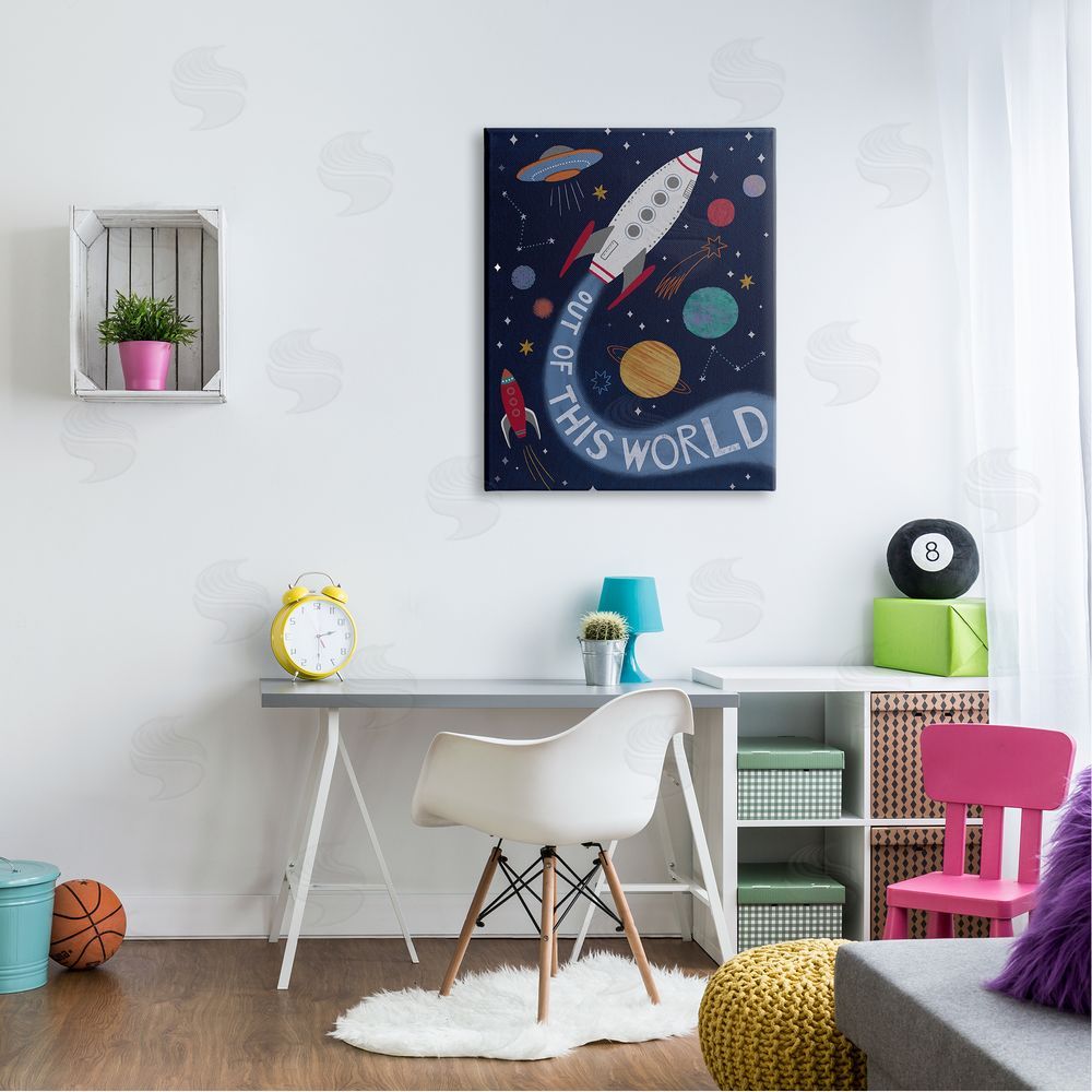 Nina Seven Out Of This World Text Flying Rocket Ship Galaxy  Canvas Wall Art Print in Room
