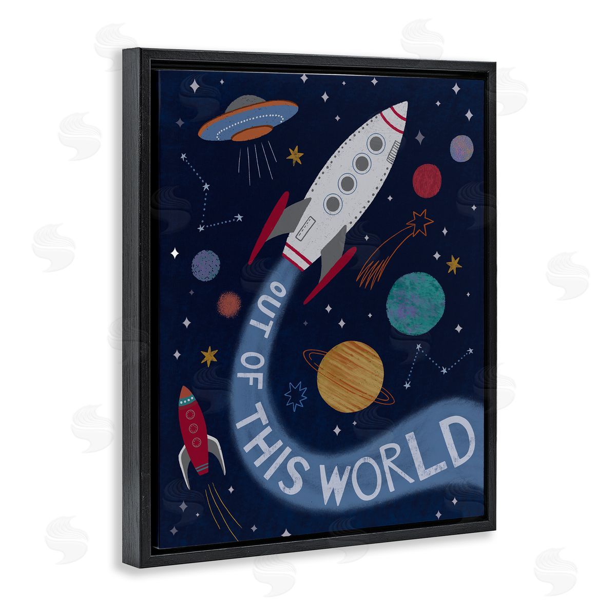 Nina Seven Out Of This World Text Flying Rocket Ship Galaxy  Black Floating Frame Canvas Wall Art Print