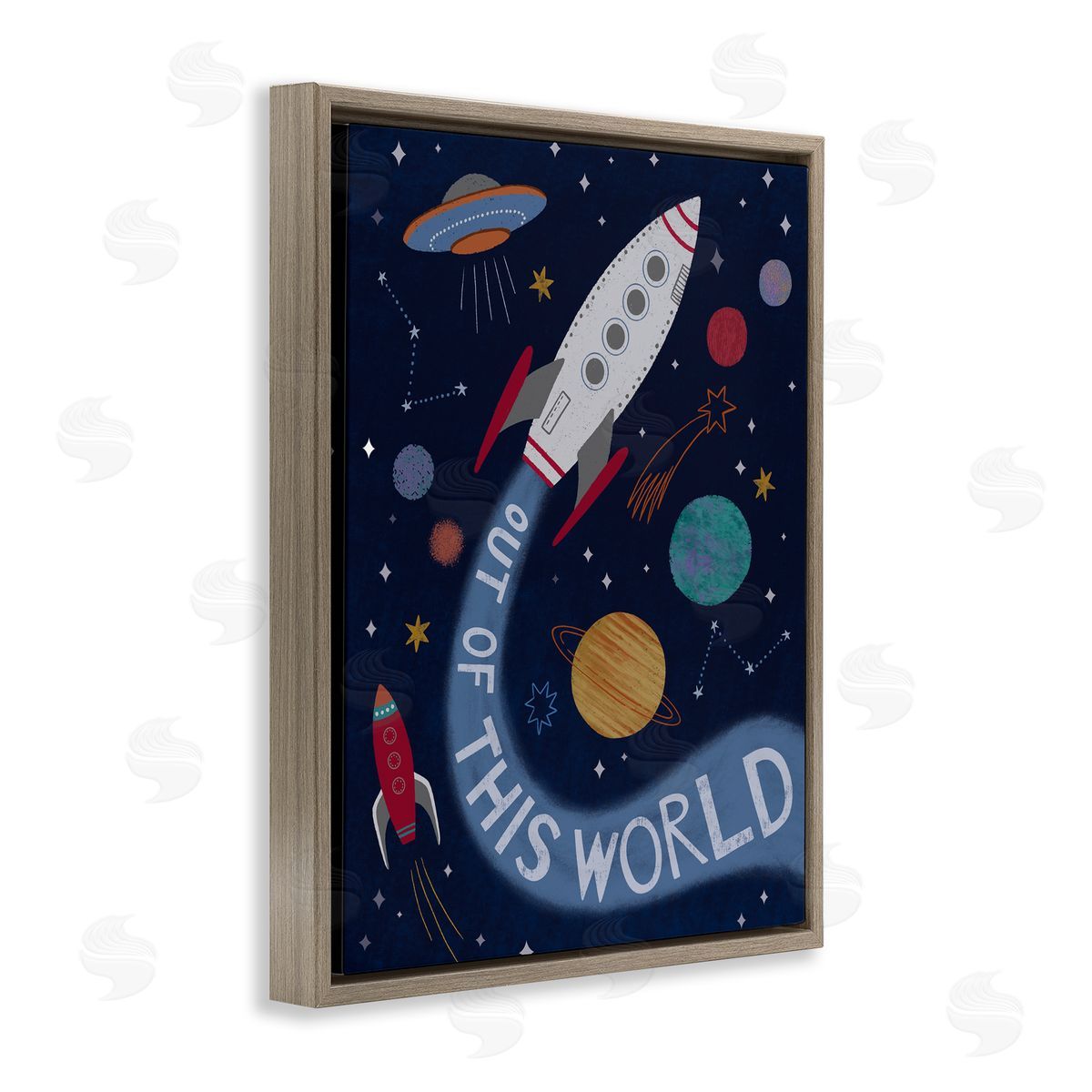 Nina Seven Out Of This World Text Flying Rocket Ship Galaxy  Brown Floating Frame Canvas Wall Art Print