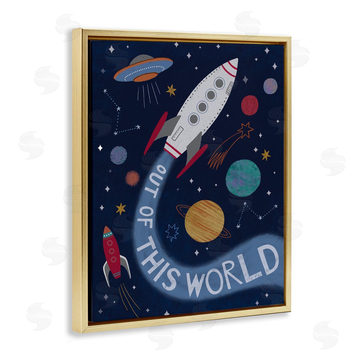 Nina Seven Out Of This World Text Flying Rocket Ship Galaxy  Gold Floating Frame Canvas Wall Art Print