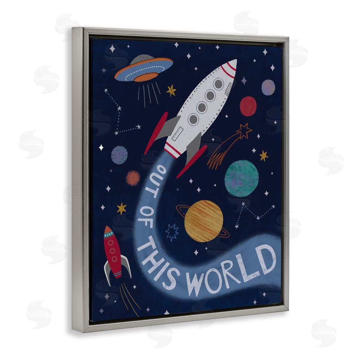 Nina Seven Out Of This World Text Flying Rocket Ship Galaxy  Gray Floating Frame Canvas Wall Art Print