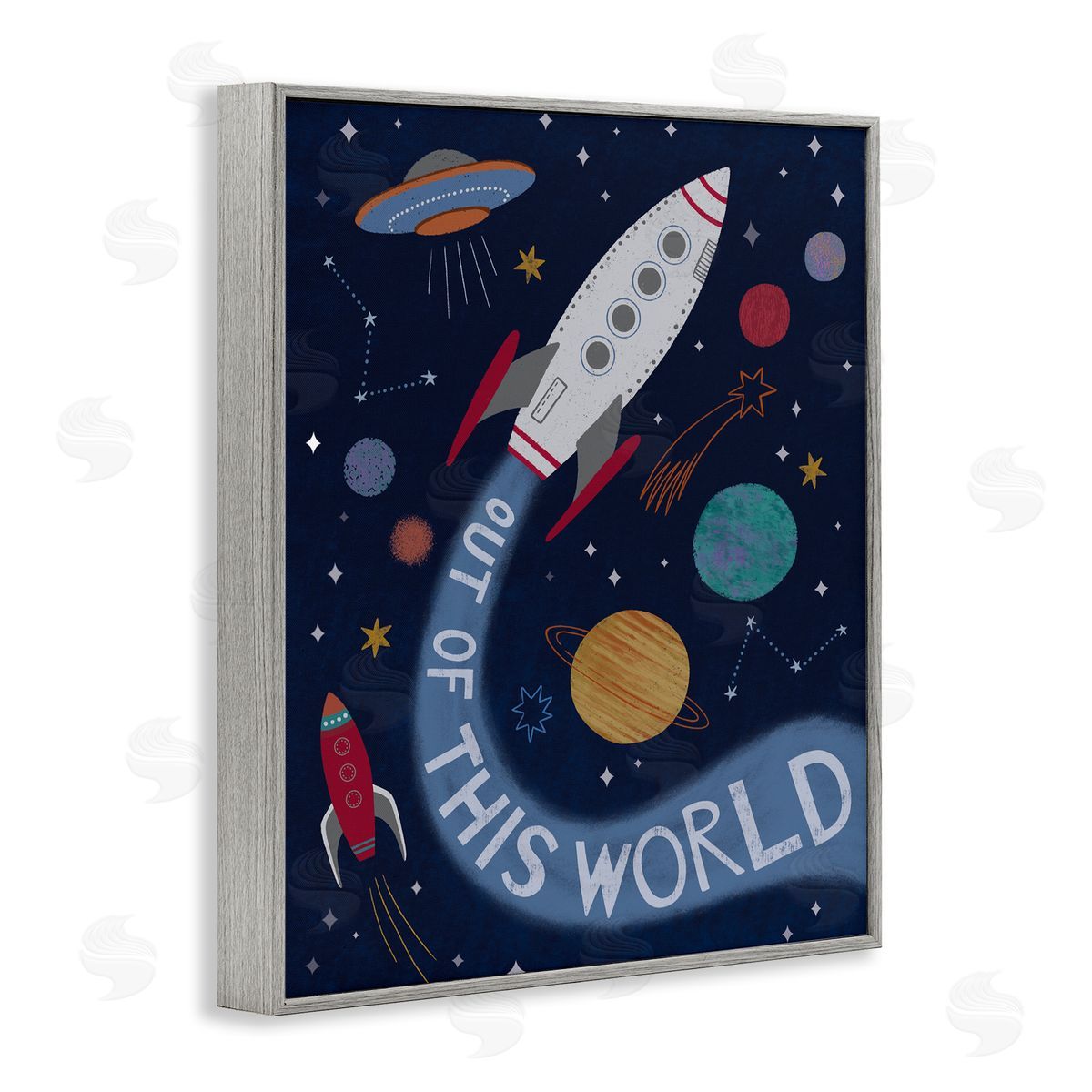 Nina Seven Out Of This World Text Flying Rocket Ship Galaxy  Gray Framed Giclee Wall Art Print