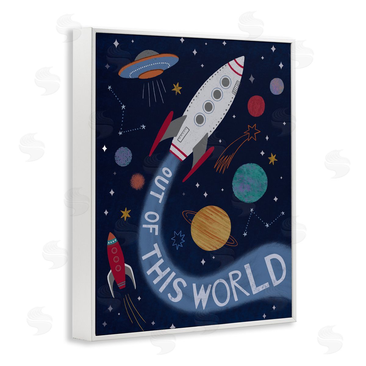 Nina Seven Out Of This World Text Flying Rocket Ship Galaxy  White Framed Giclee Wall Art Print