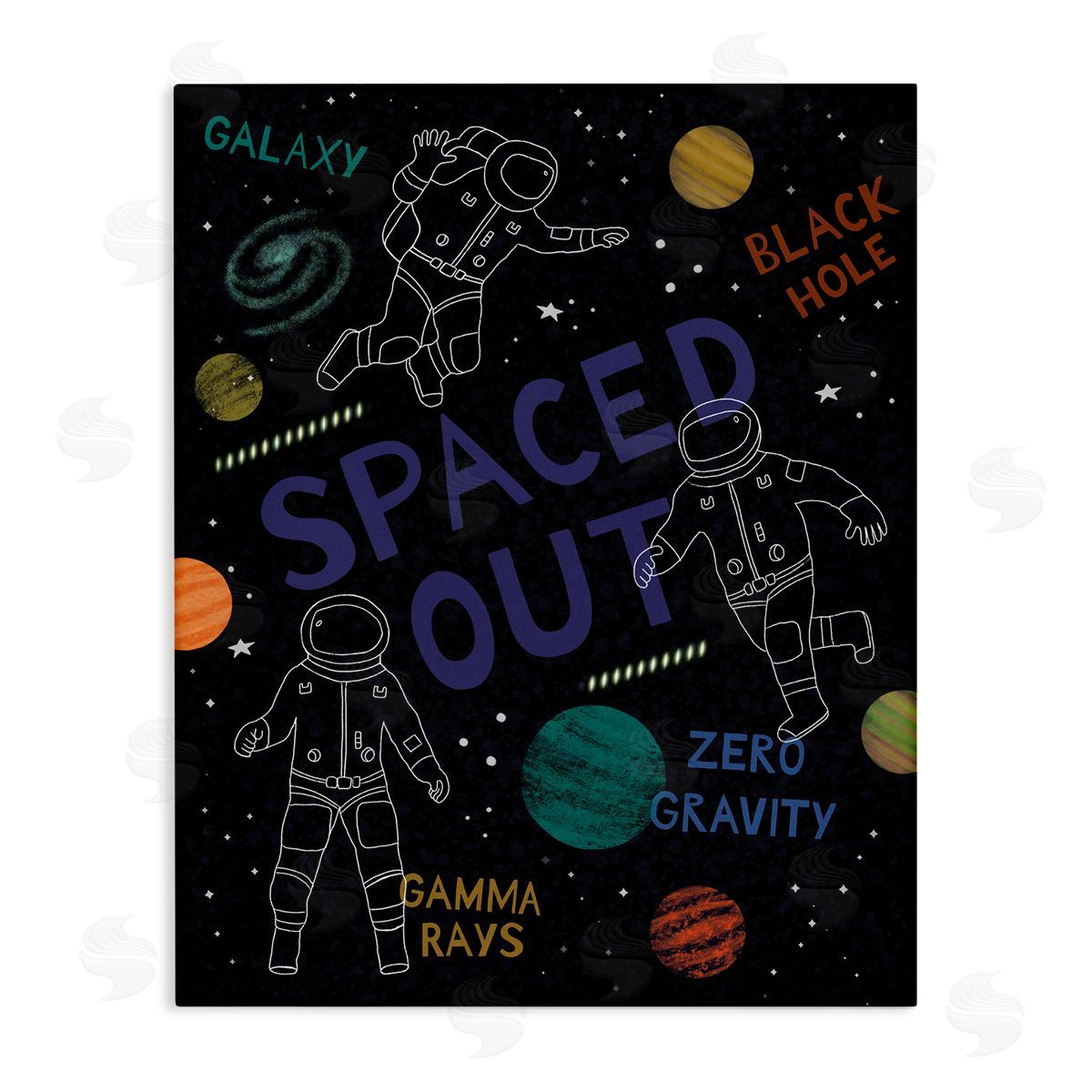 Nina Seven Spaced Out Astronomy Words Line Doodle Astronauts  Stretched Canvas Wall Art Print