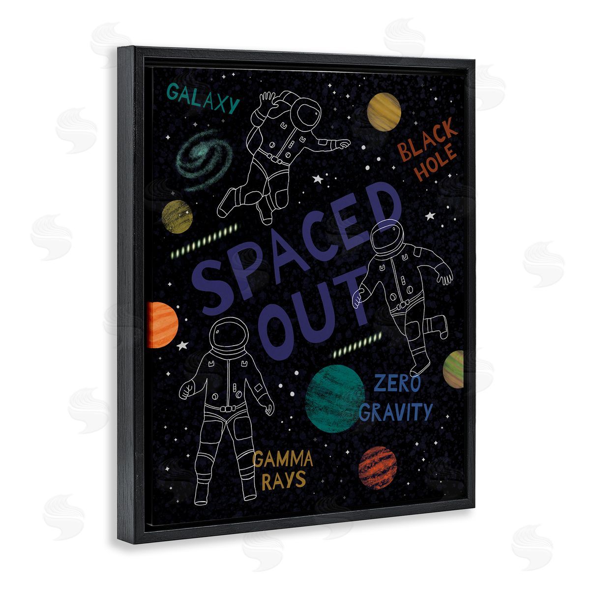 Nina Seven Spaced Out Astronomy Words Line Doodle Astronauts  Black Floating Frame Canvas Wall Art Print