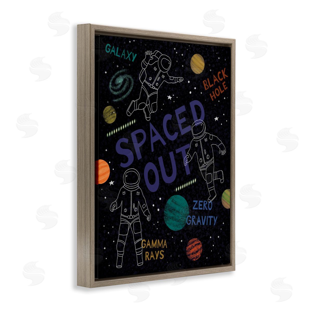 Nina Seven Spaced Out Astronomy Words Line Doodle Astronauts  Brown Floating Frame Canvas Wall Art Print