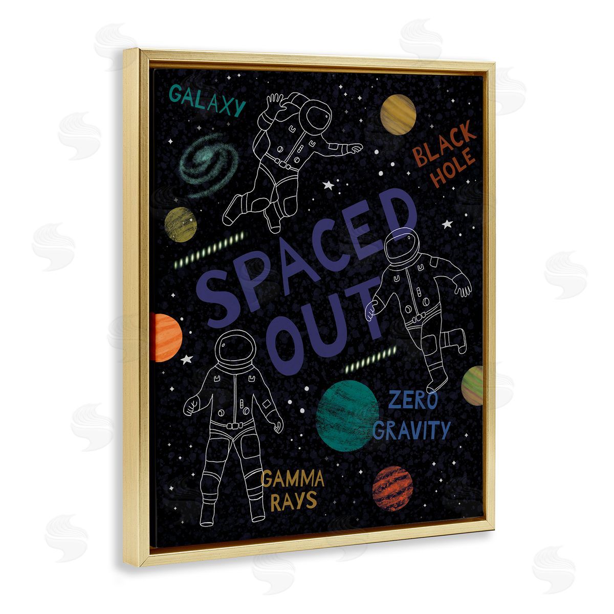 Nina Seven Spaced Out Astronomy Words Line Doodle Astronauts  Gold Floating Frame Canvas Wall Art Print