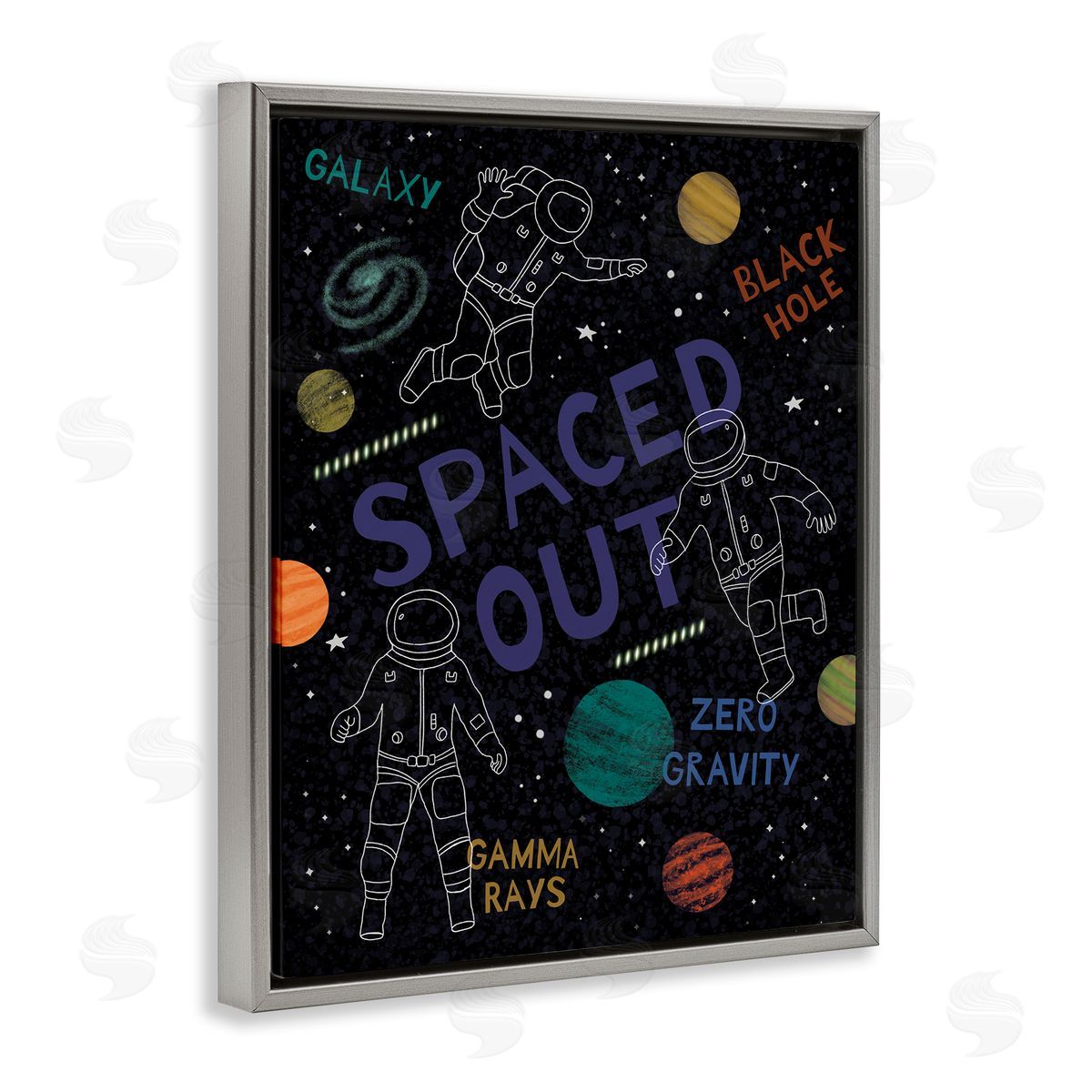Nina Seven Spaced Out Astronomy Words Line Doodle Astronauts  Gray Floating Frame Canvas Wall Art Print