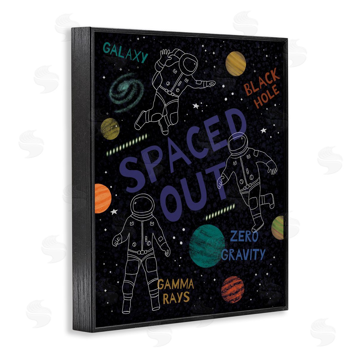 Nina Seven Spaced Out Astronomy Words Line Doodle Astronauts  Black Framed Giclee Wall Art Print