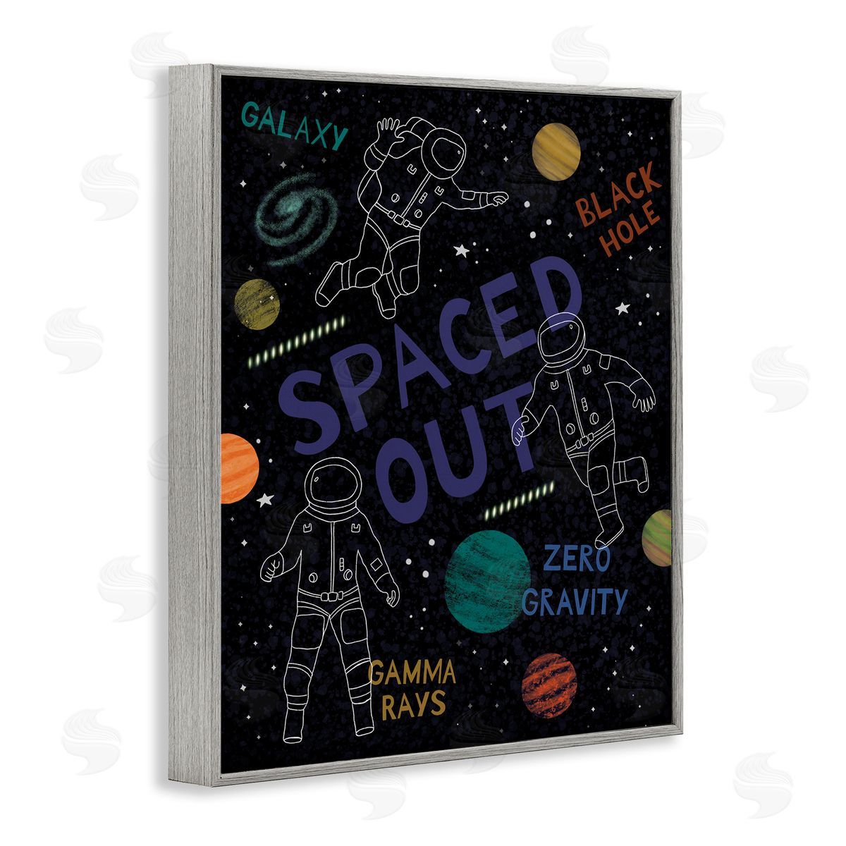 Nina Seven Spaced Out Astronomy Words Line Doodle Astronauts  Gray Framed Giclee Wall Art Print