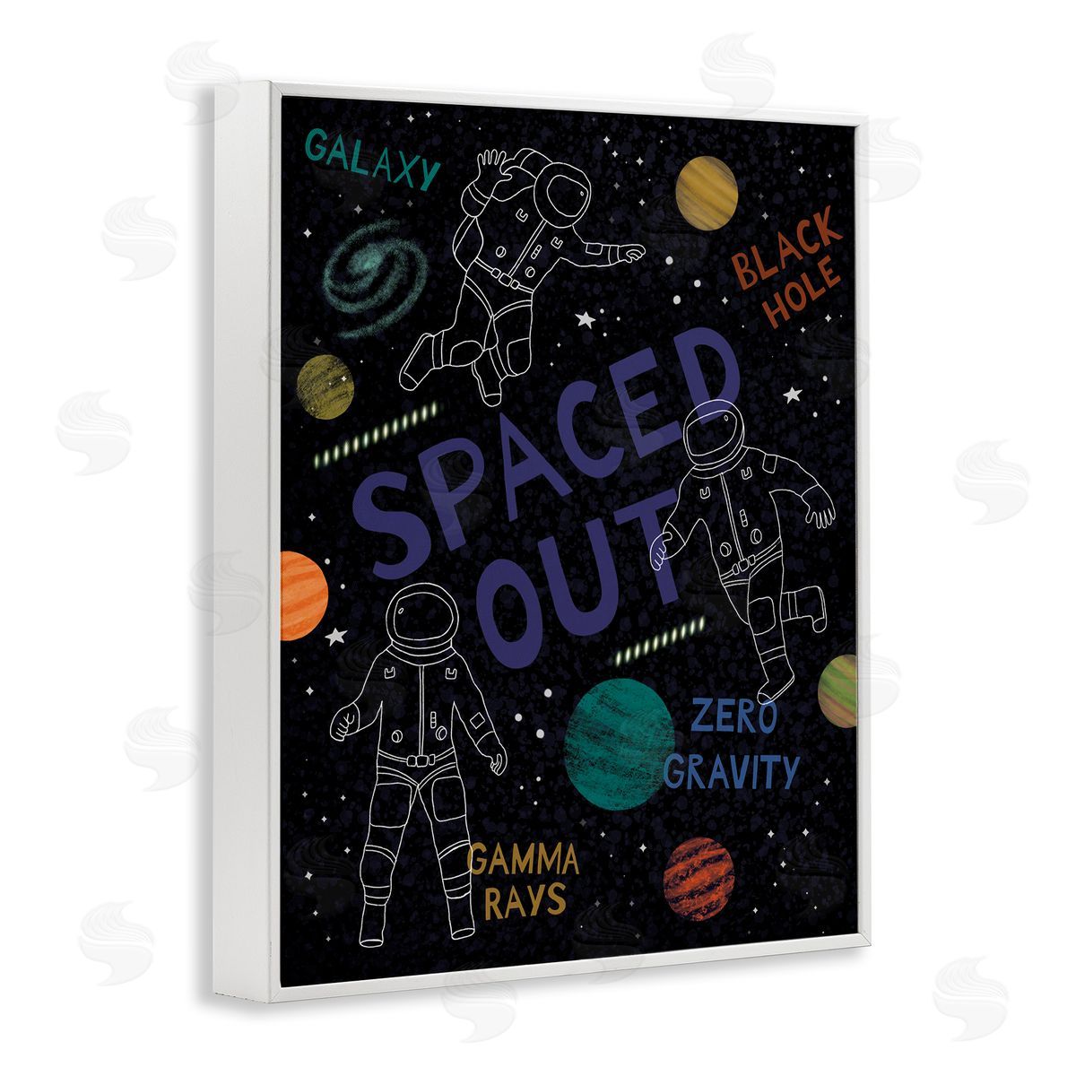 Nina Seven Spaced Out Astronomy Words Line Doodle Astronauts  White Framed Giclee Wall Art Print