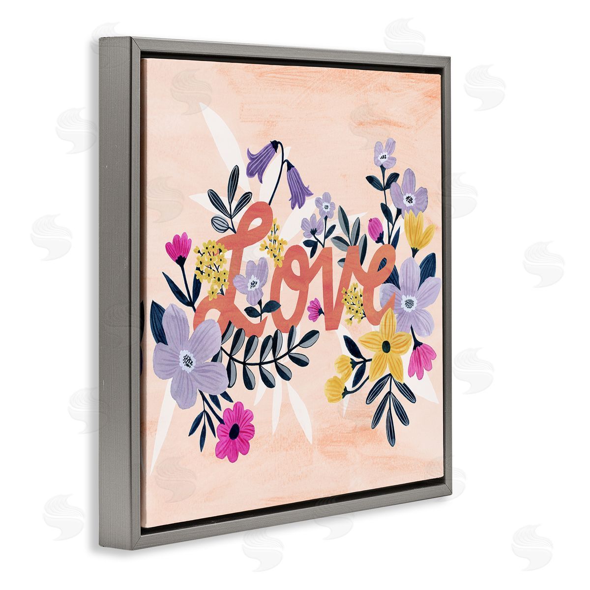 Grace Popp Love Calligraphy Bold Floral Botanical Border Gray Floating Frame Canvas Wall Art Print